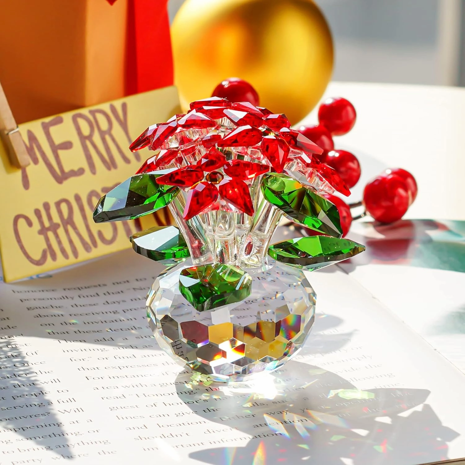 H&D HYALINE & DORA Crystal Poinsettia Figurines Ornament Home Decoration Collection (Red 6pcs Flower)