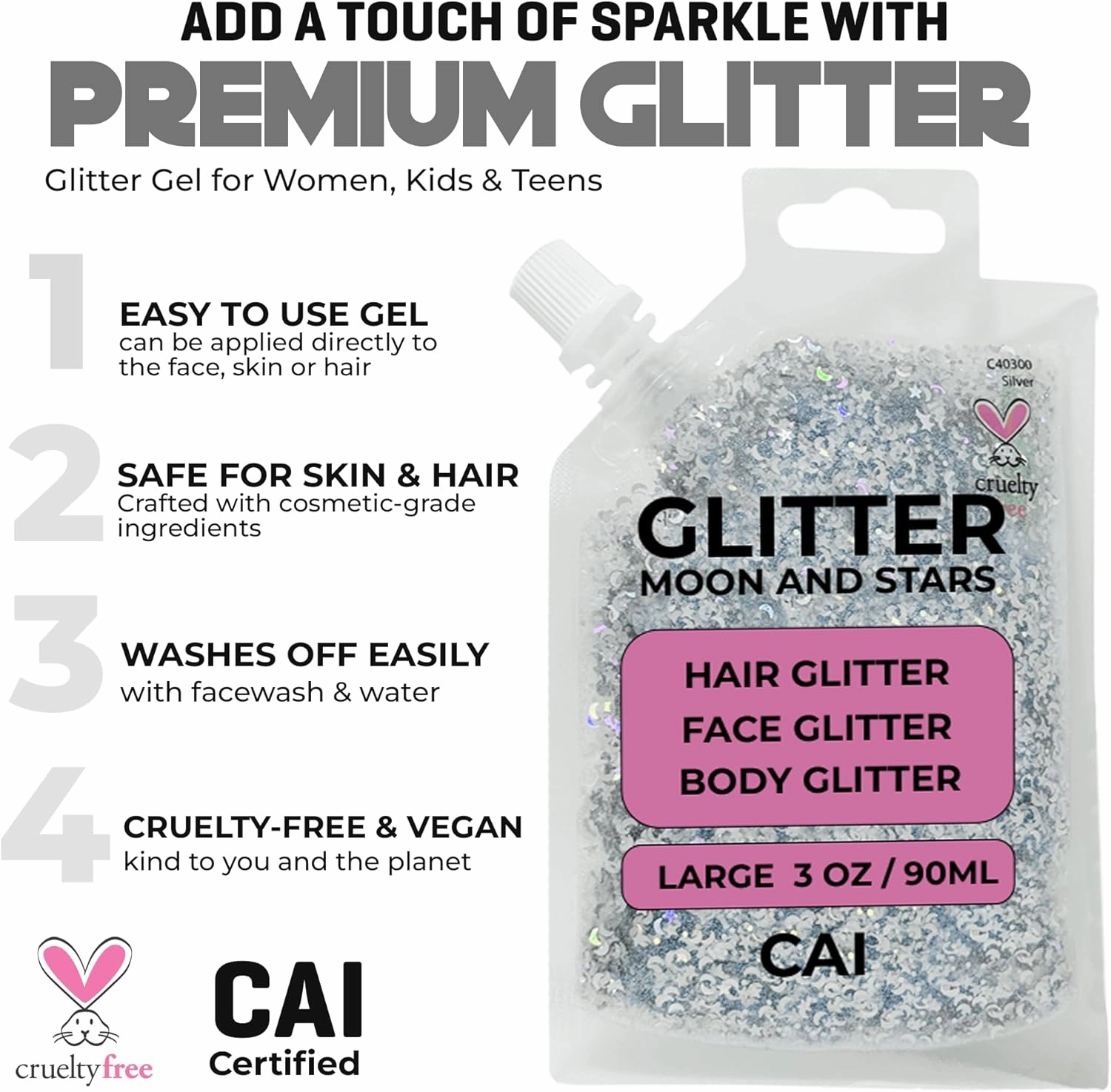 Hair Glitter Gel; Body Glitter & Face Glitter for Women/Kids (2 PK Rose/Gold) Moon & Stars; Iridescent Holograph Cosmetic Grade- Apply Without Glue, Easy to Take Off Keeps Skin Clean