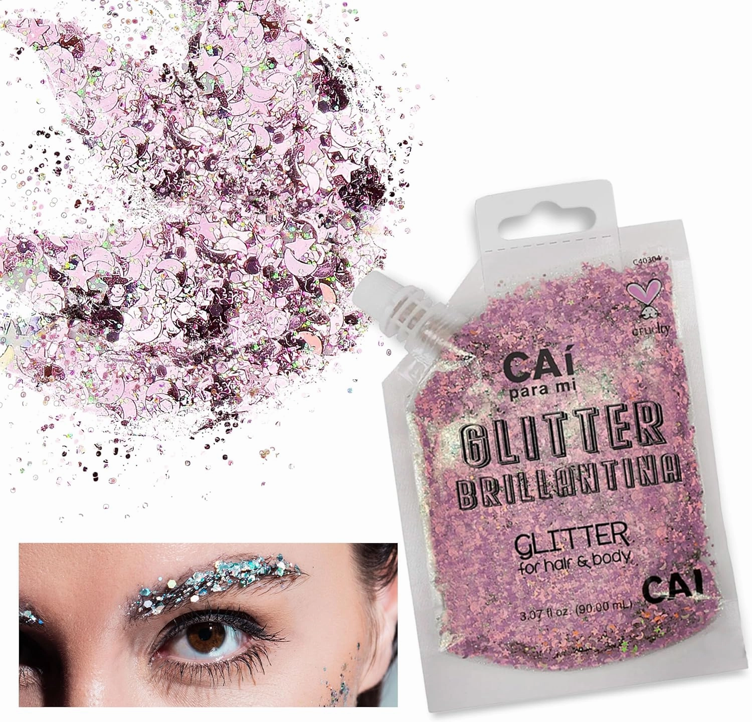 Hair Glitter Gel; Body Glitter & Face Glitter for Women/Kids (2 PK Rose/Gold) Moon & Stars; Iridescent Holograph Cosmetic Grade- Apply Without Glue, Easy to Take Off Keeps Skin Clean