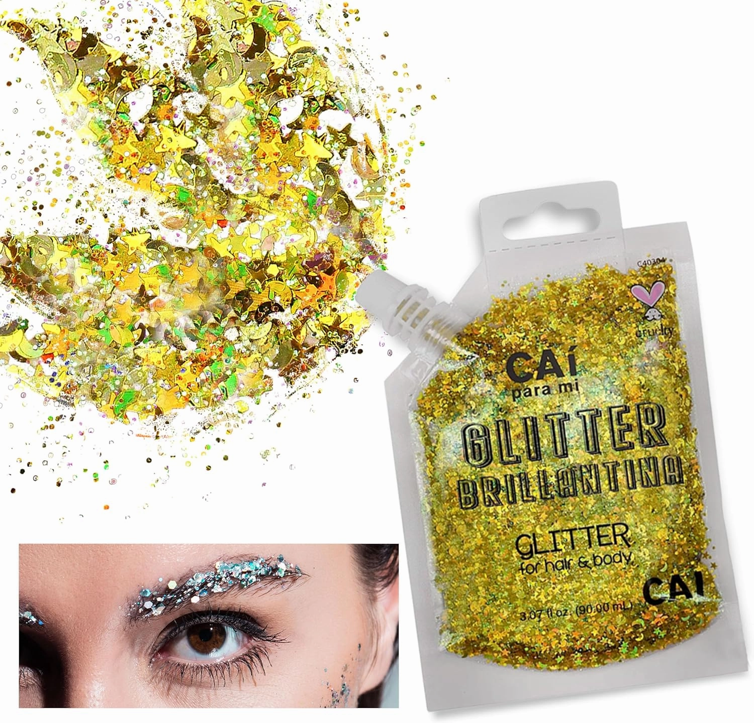 Hair Glitter Gel; Body Glitter & Face Glitter for Women/Kids (2 PK Rose/Gold) Moon & Stars; Iridescent Holograph Cosmetic Grade- Apply Without Glue, Easy to Take Off Keeps Skin Clean