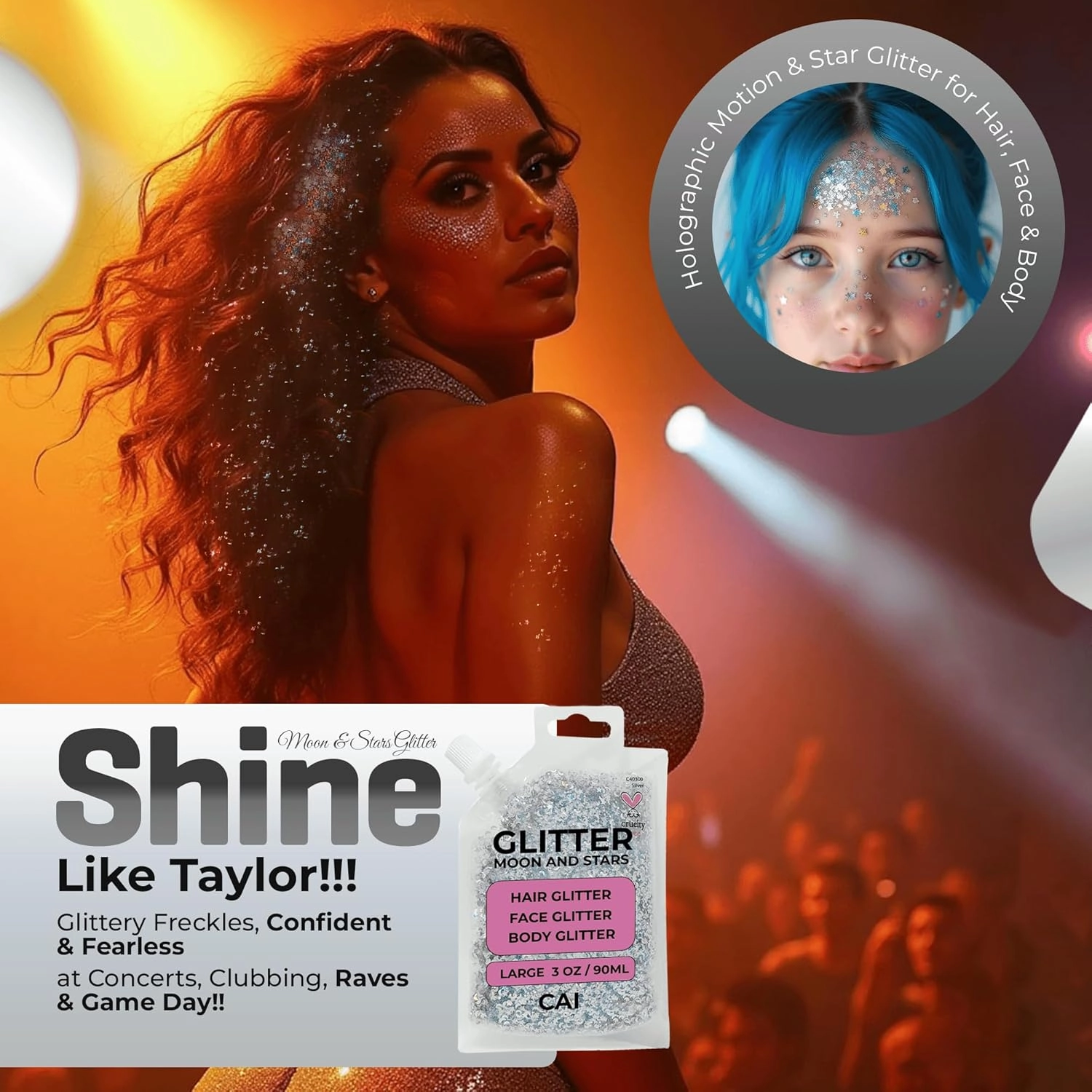 Hair Glitter Gel; Body Glitter & Face Glitter for Women/Kids (2 PK Rose/Gold) Moon & Stars; Iridescent Holograph Cosmetic Grade- Apply Without Glue, Easy to Take Off Keeps Skin Clean