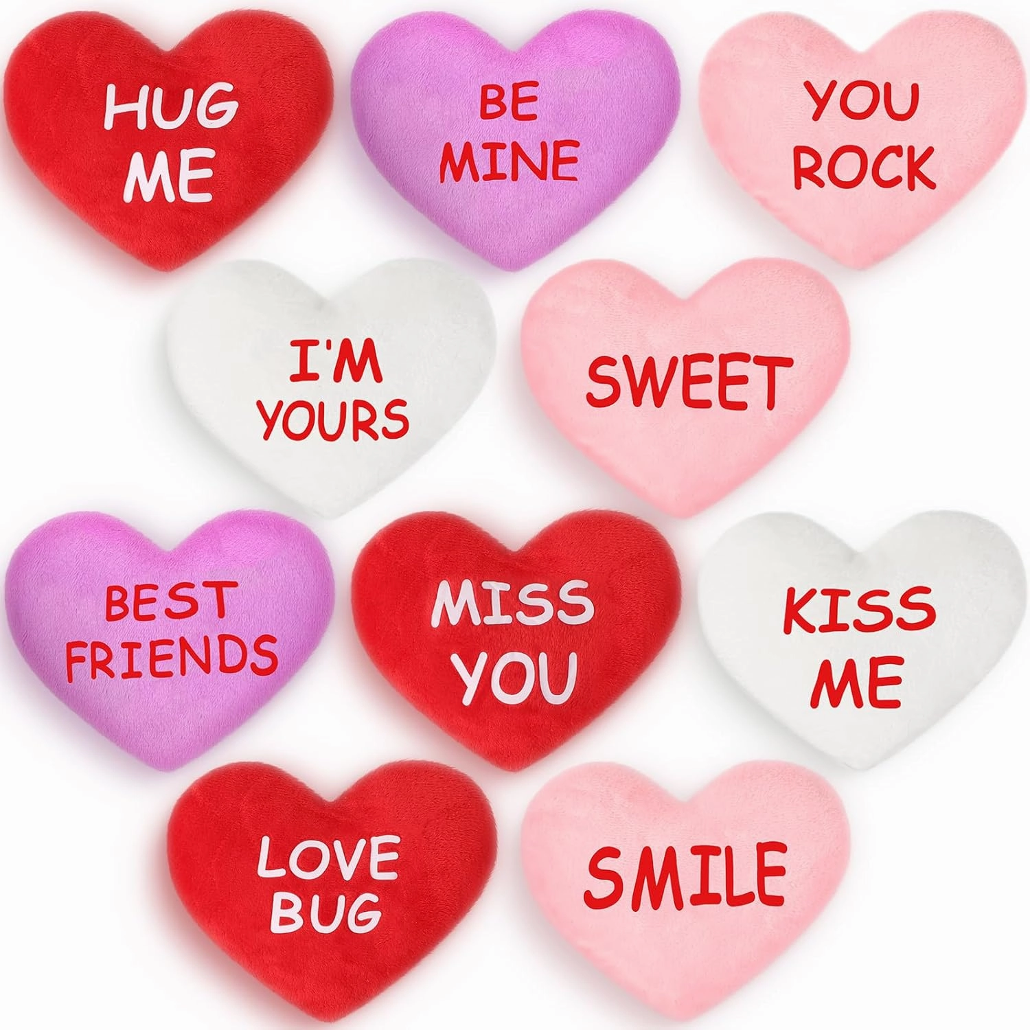 Hanaive 10 Pcs Valentine's Day Hearts Plush Stuffed Toys Candy Plush Conversation Hearts Decor 6 Inch Valentines Small Pillows Fabric Throw Cushion Toys for Wedding Holiday Party Favors (Cute)