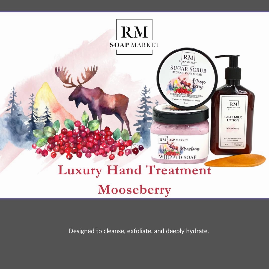 Hand Treatment, Mooseberry Fragrance, Whipped Soap, Sugar Scrub & Goat Milk Lotion, Hand Care Gift Set for Men & Women, Exfoliate, Cleanse & Hydrate With Scents of Red Berries & Vanilla