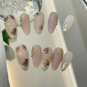 Handmade Press On Nails Almond Pink Matte Design By Nail Technician, Handmade Painted Nail Art, Reusable Stick On Nails in S,M,L 3Sizes (Medium)