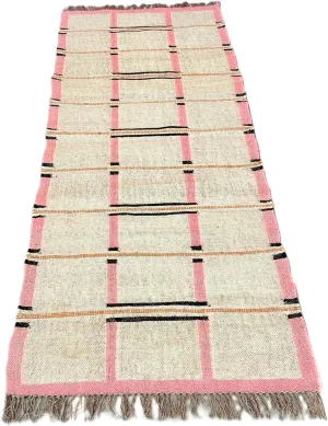 Handwoven Wool and Jute Area Rug, Traditional Kilim Dhurrie Pattern, Beige and Pink with Fringe (9X12 FEET, Pattern - 2)