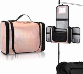 Hanging Travel Cosmetics Bag with Mirror Glittering Makeup Bag with Hanging Hook Waterproof Toiletry Backstage Cosmetic Storage Organizer for Traveling Dancers Artists Home Spa