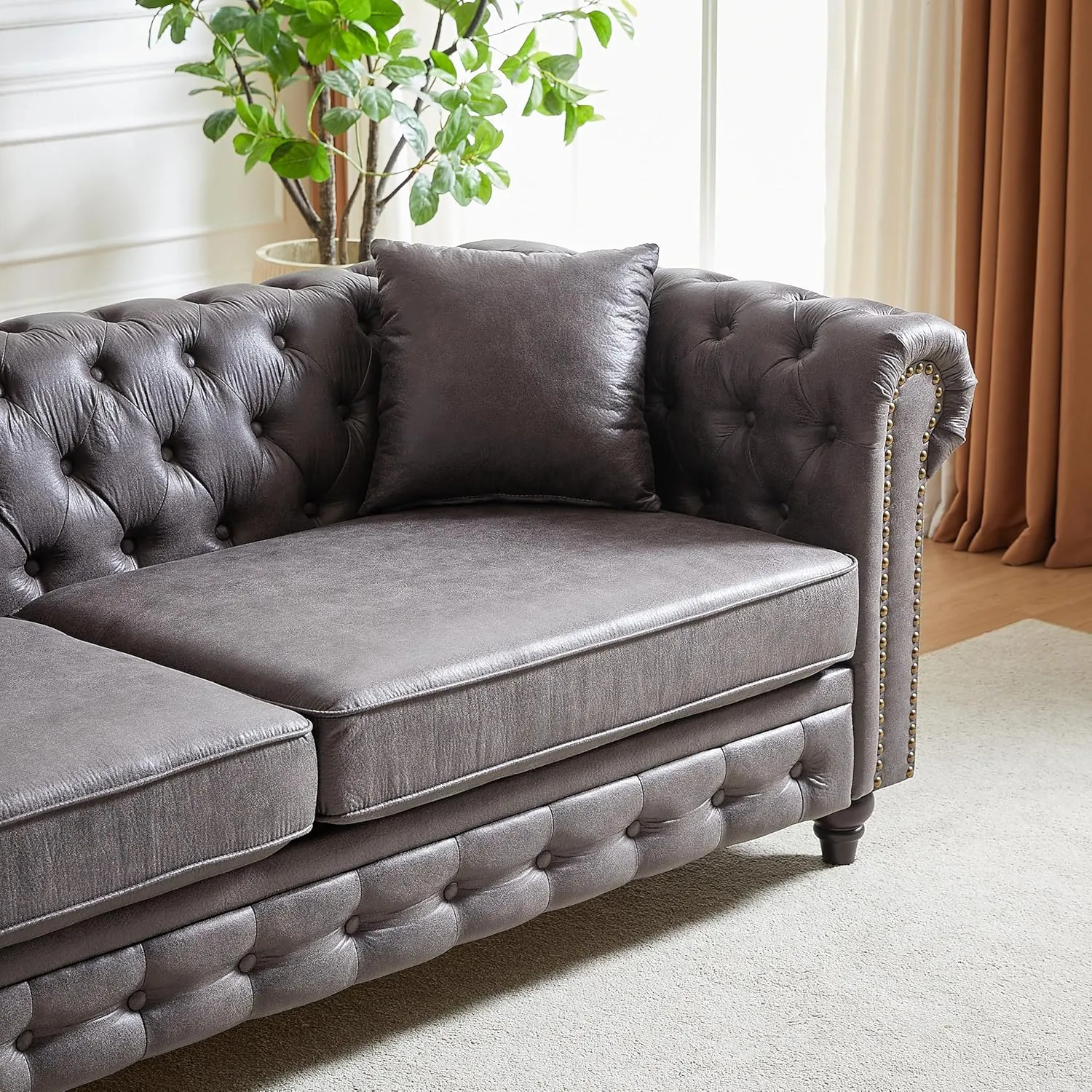 Harper & Bright Designs 2-Piece Tech Fabric Upholstered Living Room Sofa Set, Including 3-Seater Sofa and Loveseat with Button and Copper Nail on Arms, Four Pillows Included, Grey