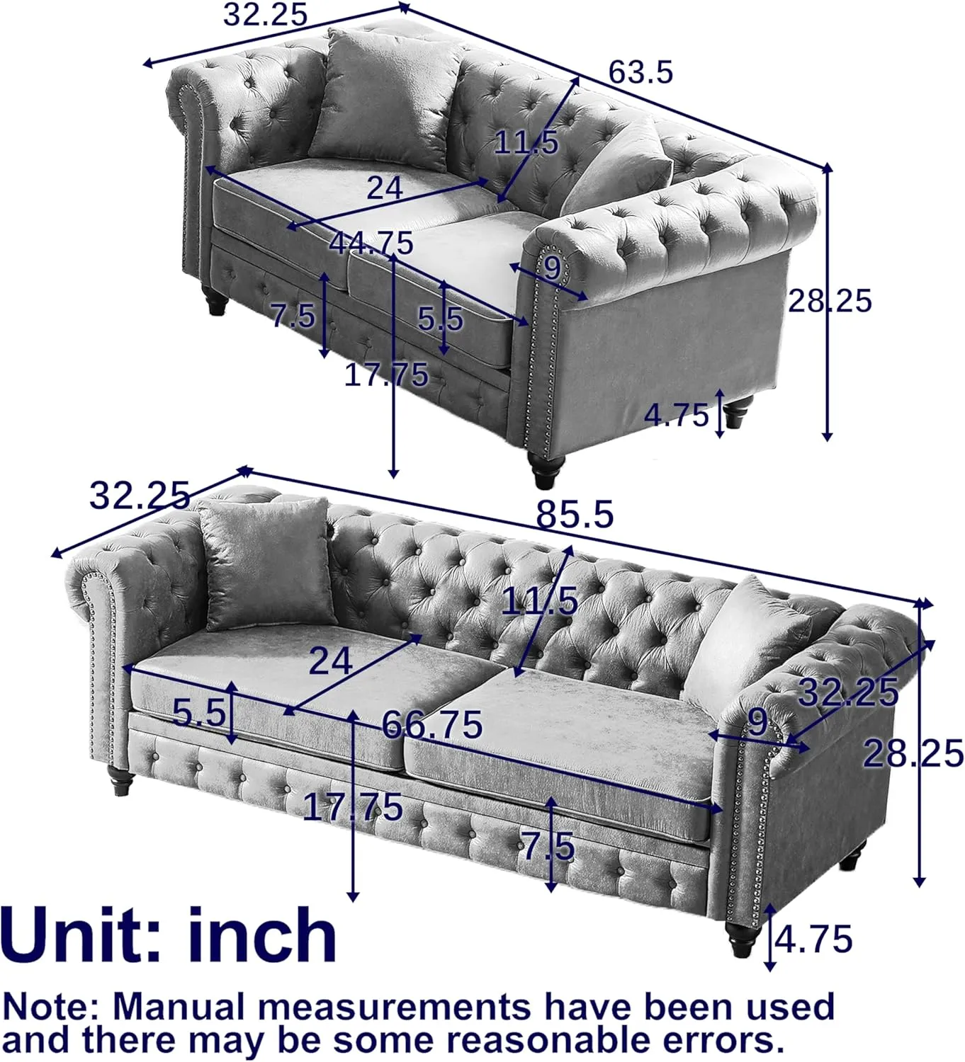 Harper & Bright Designs 2-Piece Tech Fabric Upholstered Living Room Sofa Set, Including 3-Seater Sofa and Loveseat with Button and Copper Nail on Arms, Four Pillows Included, Grey
