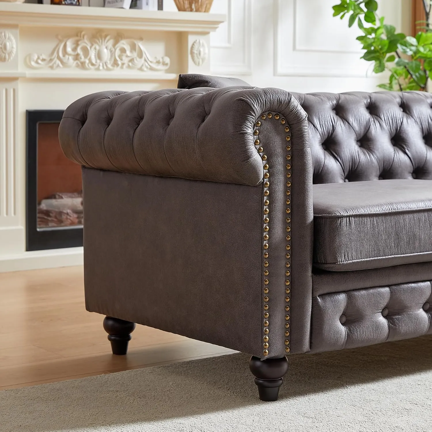 Harper & Bright Designs 2-Piece Tech Fabric Upholstered Living Room Sofa Set, Including 3-Seater Sofa and Loveseat with Button and Copper Nail on Arms, Four Pillows Included, Grey