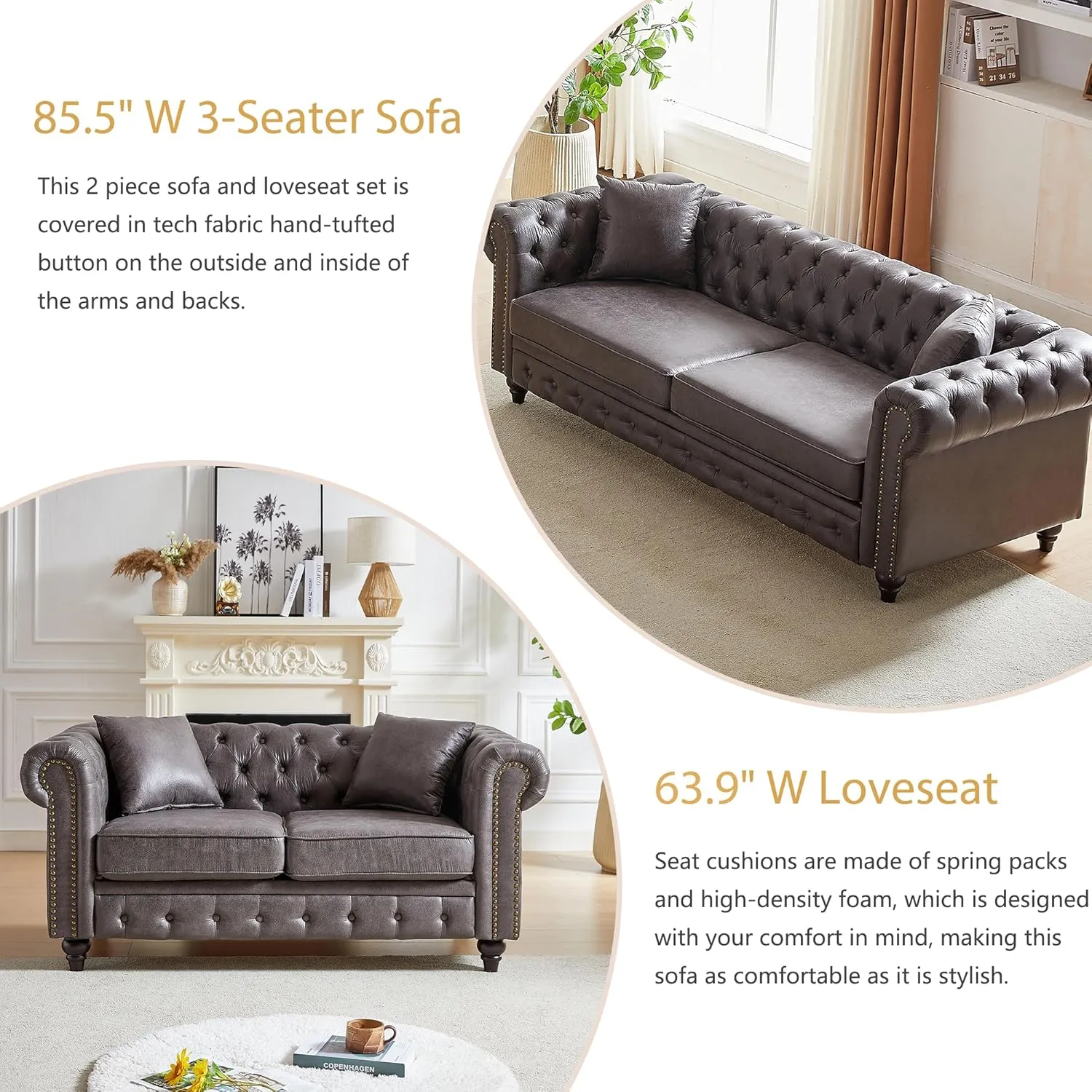 Harper & Bright Designs 2-Piece Tech Fabric Upholstered Living Room Sofa Set, Including 3-Seater Sofa and Loveseat with Button and Copper Nail on Arms, Four Pillows Included, Grey