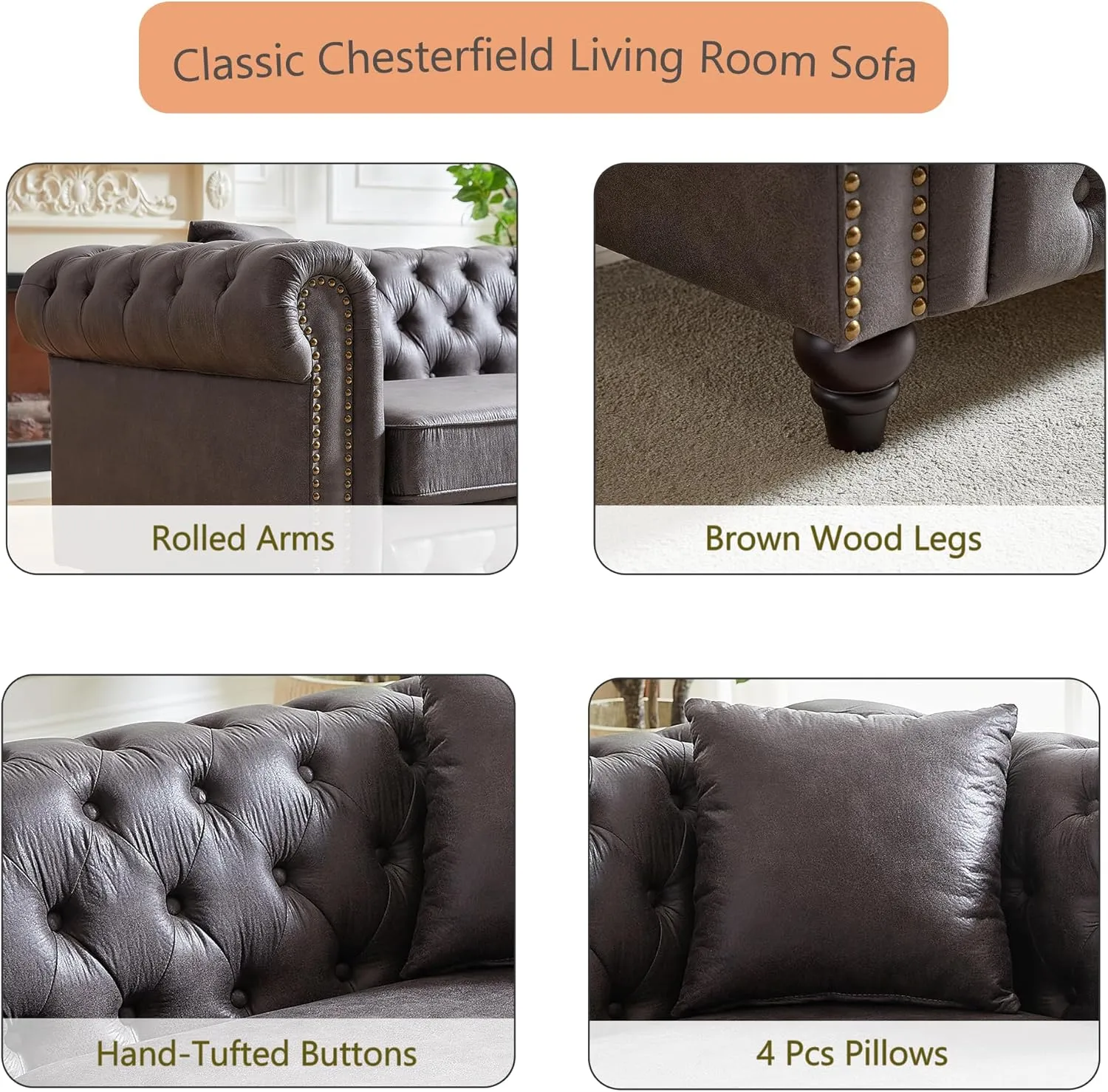 Harper & Bright Designs 2-Piece Tech Fabric Upholstered Living Room Sofa Set, Including 3-Seater Sofa and Loveseat with Button and Copper Nail on Arms, Four Pillows Included, Grey