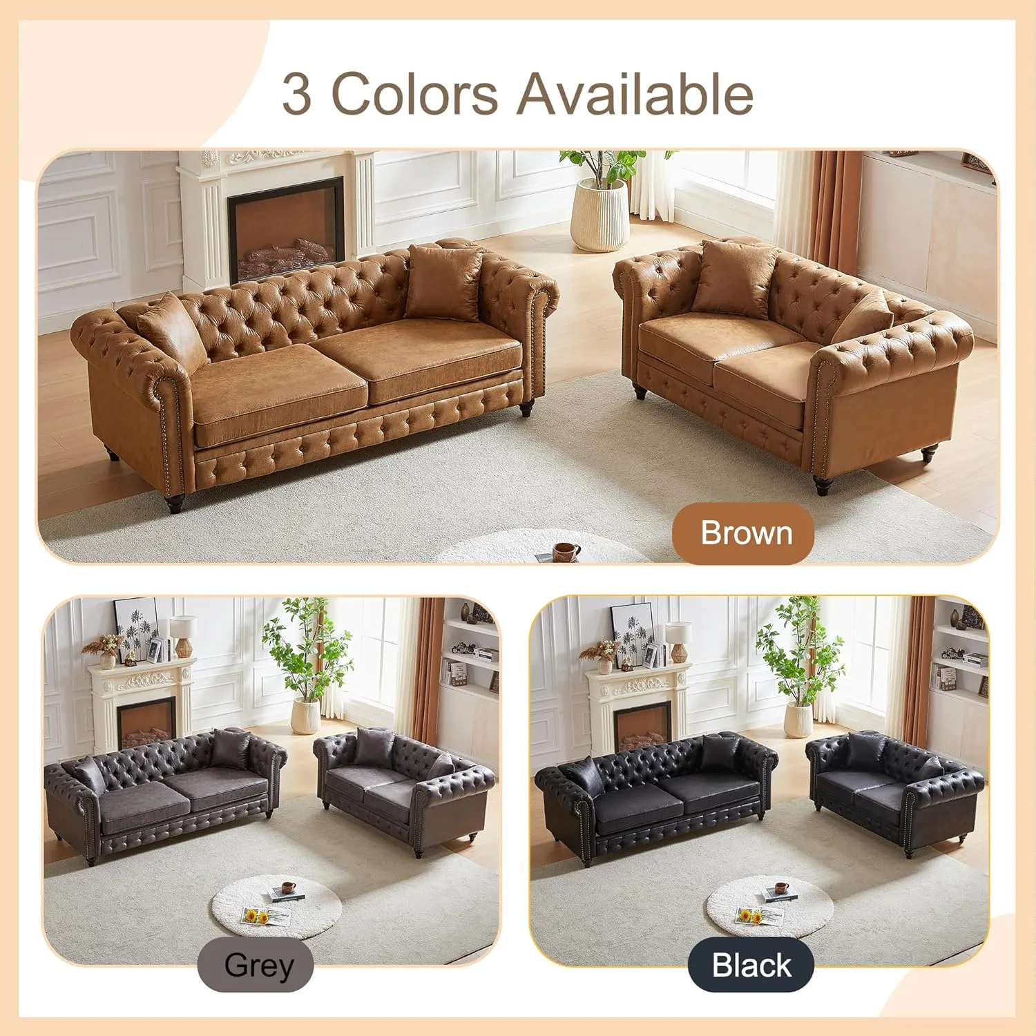 Harper & Bright Designs 2-Piece Tech Fabric Upholstered Living Room Sofa Set, Including 3-Seater Sofa and Loveseat with Button and Copper Nail on Arms, Four Pillows Included, Grey