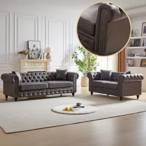 Harper & Bright Designs 2-Piece Tech Fabric Upholstered Living Room Sofa Set, Including 3-Seater Sofa and Loveseat with Button and Copper Nail on Arms, Four Pillows Included, Grey