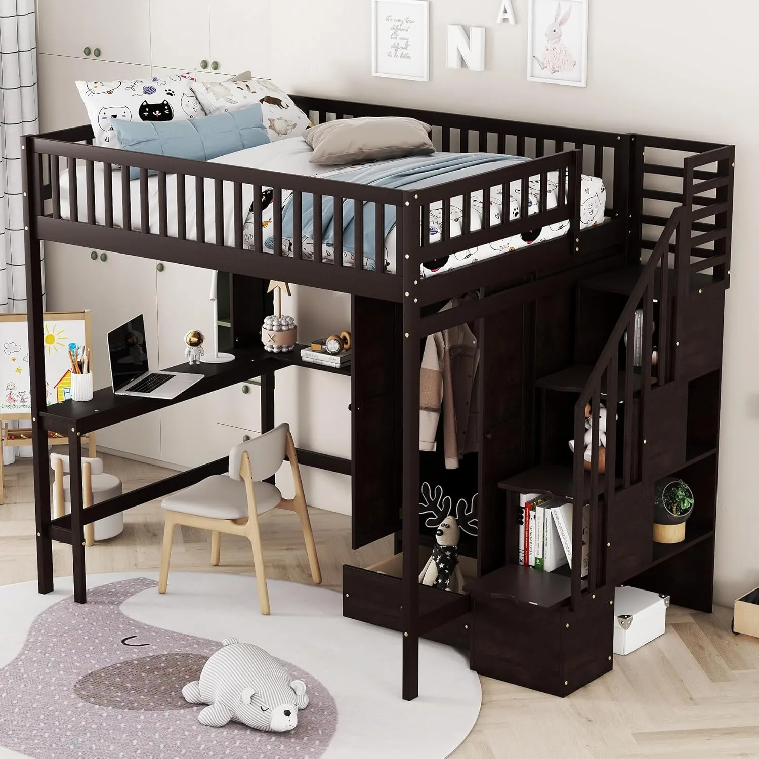 Harper & Bright Designs Full Size Loft Bed with Desk, Wood Loft Bed Frame with Wardrobe, Bookshelf and Drawers, Espresso