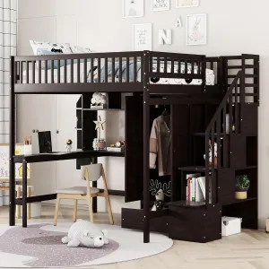 Harper & Bright Designs Full Size Loft Bed with Desk, Wood Loft Bed Frame with Wardrobe, Bookshelf and Drawers, Espresso