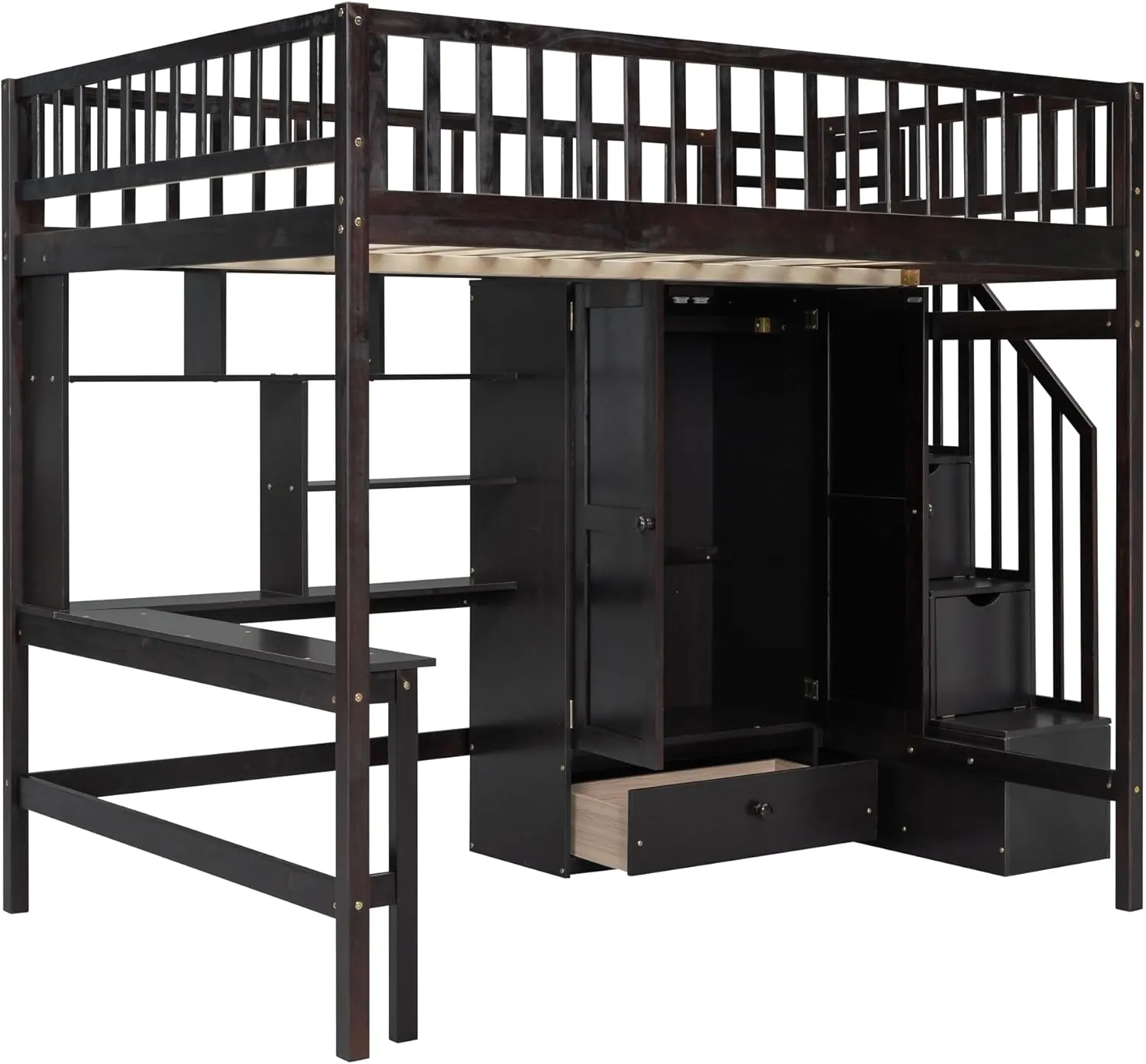 Harper & Bright Designs Full Size Loft Bed with Desk, Wood Loft Bed Frame with Wardrobe, Bookshelf and Drawers, Espresso