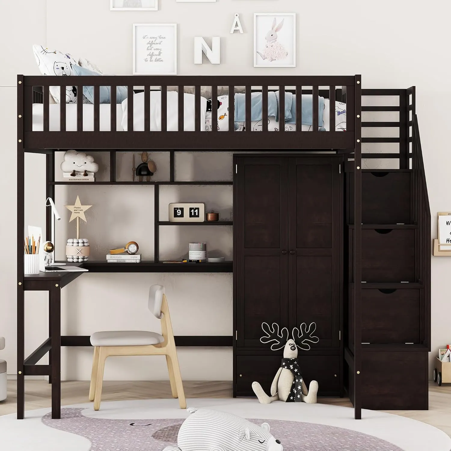 Harper & Bright Designs Full Size Loft Bed with Desk, Wood Loft Bed Frame with Wardrobe, Bookshelf and Drawers, Espresso