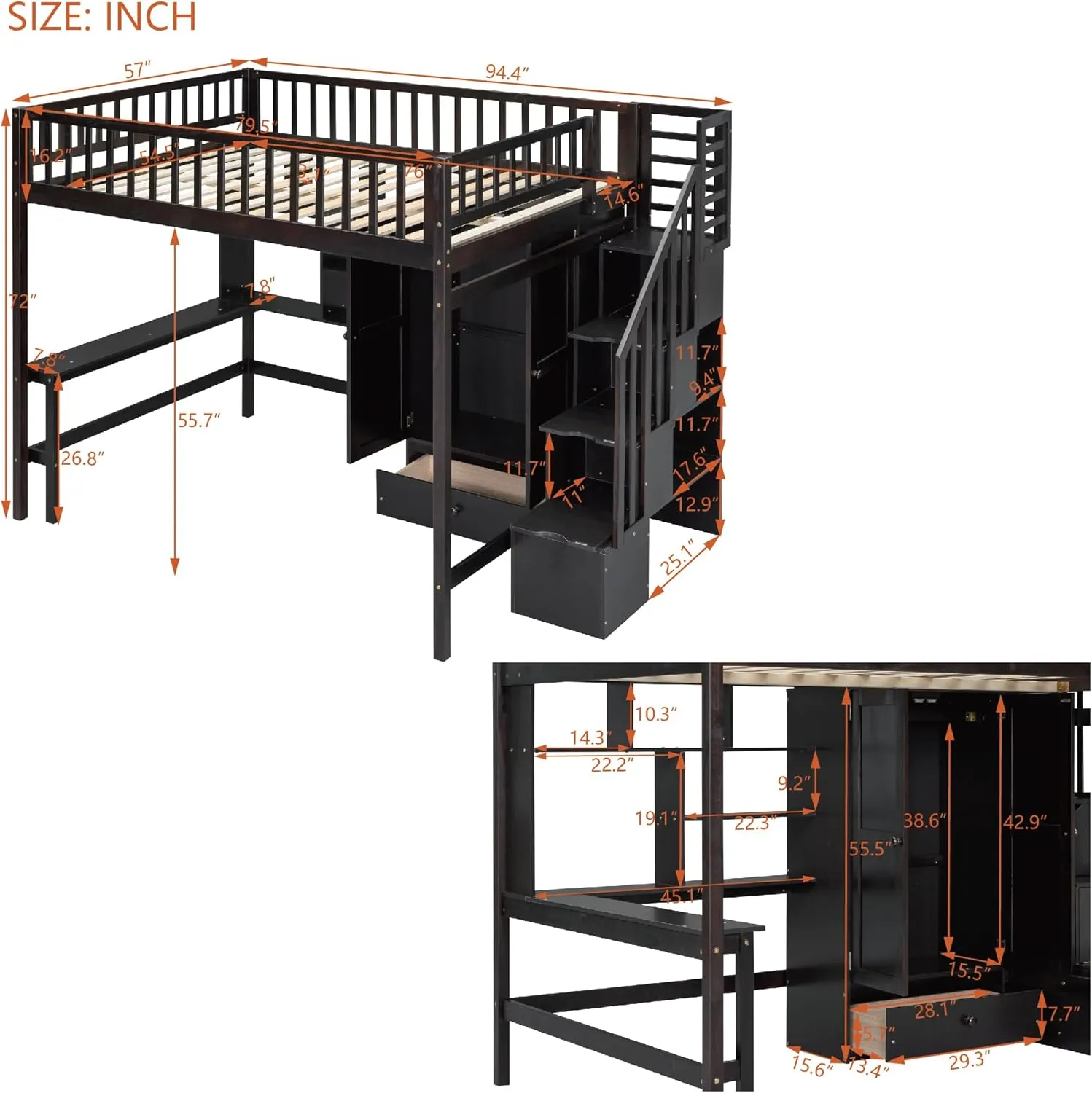 Harper & Bright Designs Full Size Loft Bed with Desk, Wood Loft Bed Frame with Wardrobe, Bookshelf and Drawers, Espresso