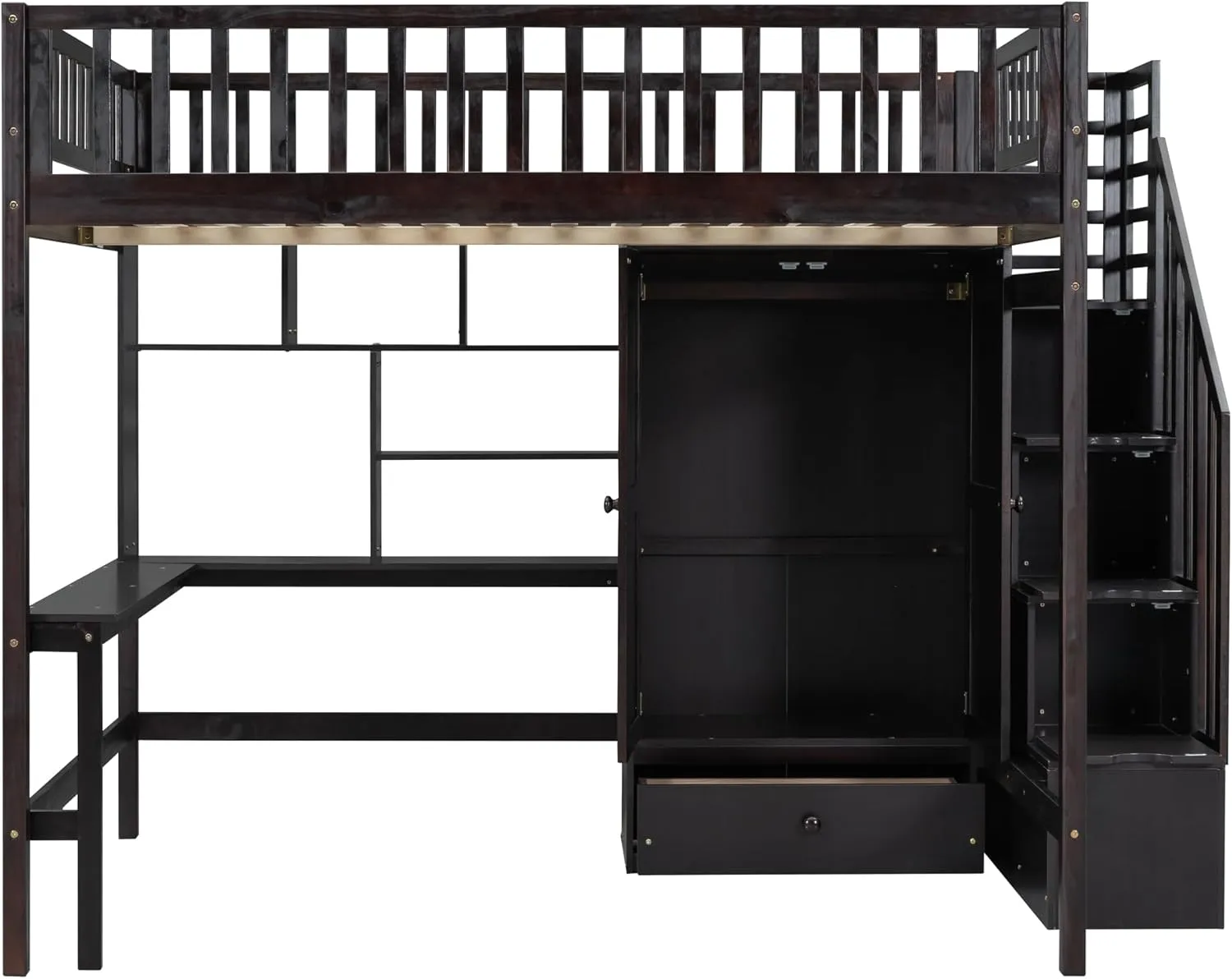 Harper & Bright Designs Full Size Loft Bed with Desk, Wood Loft Bed Frame with Wardrobe, Bookshelf and Drawers, Espresso