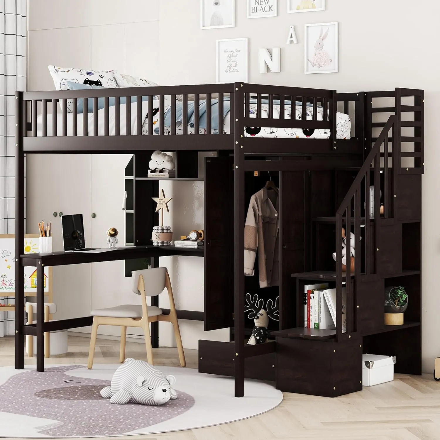 Harper & Bright Designs Full Size Loft Bed with Desk, Wood Loft Bed Frame with Wardrobe, Bookshelf and Drawers, Espresso