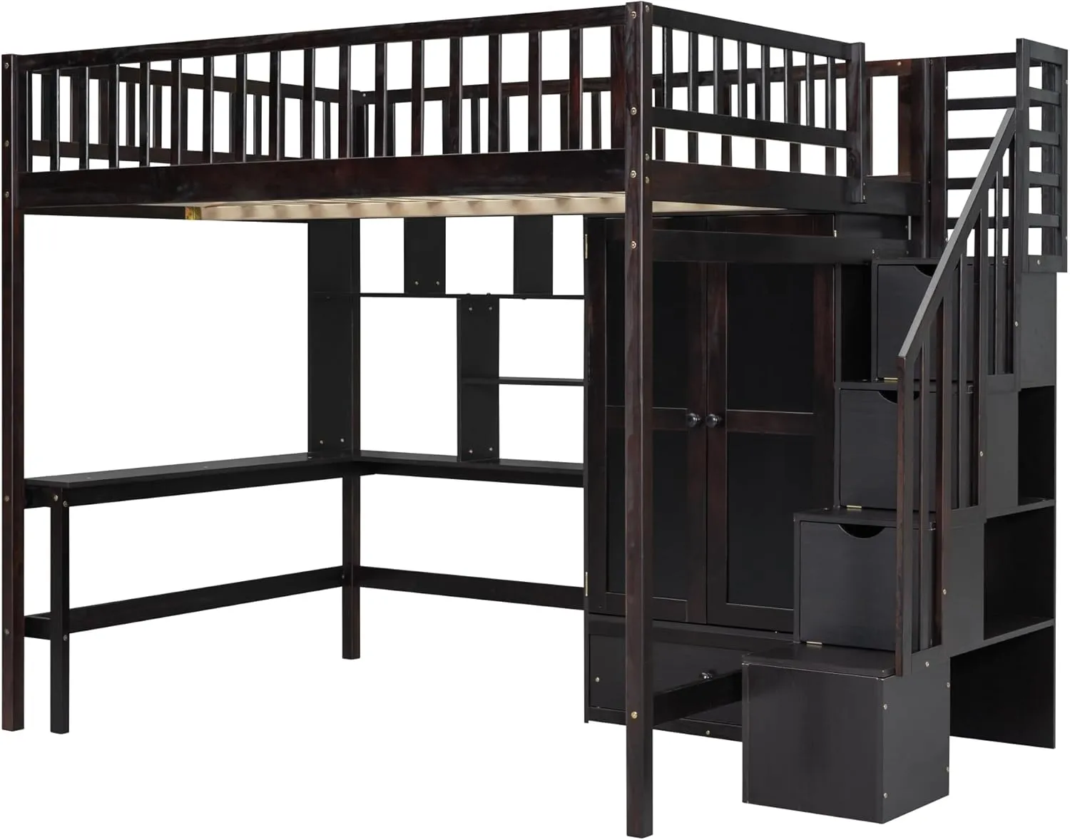 Harper & Bright Designs Full Size Loft Bed with Desk, Wood Loft Bed Frame with Wardrobe, Bookshelf and Drawers, Espresso