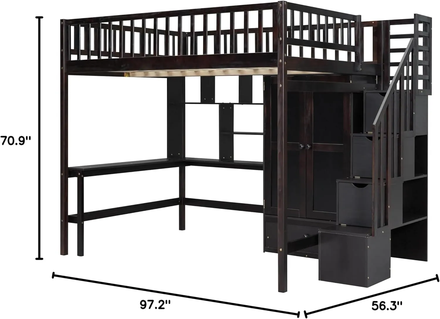 Harper & Bright Designs Full Size Loft Bed with Desk, Wood Loft Bed Frame with Wardrobe, Bookshelf and Drawers, Espresso