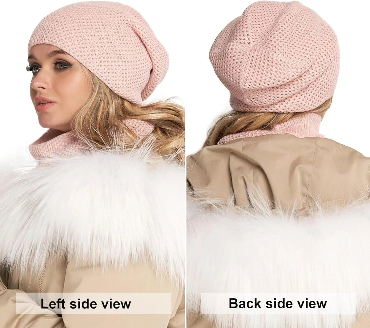 Hat and Scarf Set Women - Knit Slouchy Plain Beanie Neck Warmer - Wool Fleece Cap Infinity Scarfs