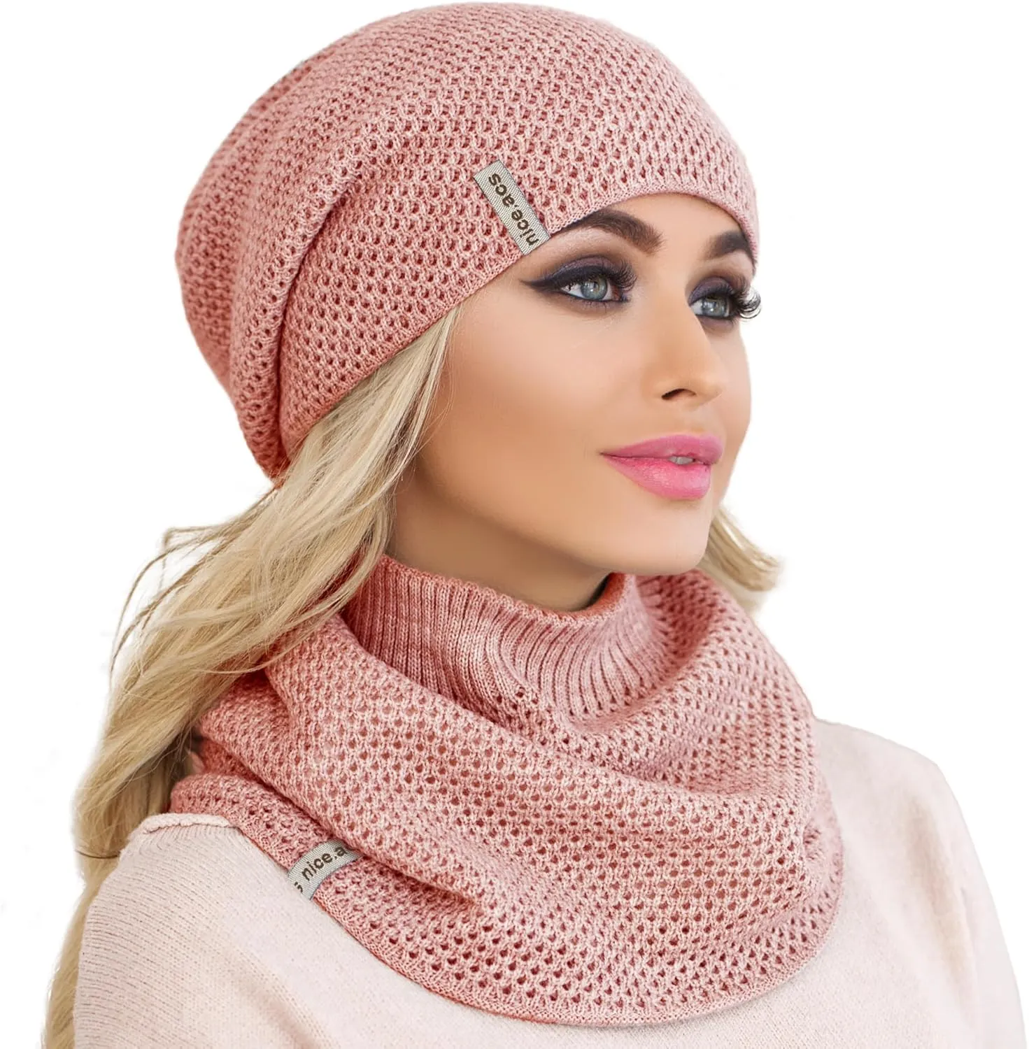 Hat and Scarf Set Women - Knit Slouchy Plain Beanie Neck Warmer - Wool Fleece Cap Infinity Scarfs