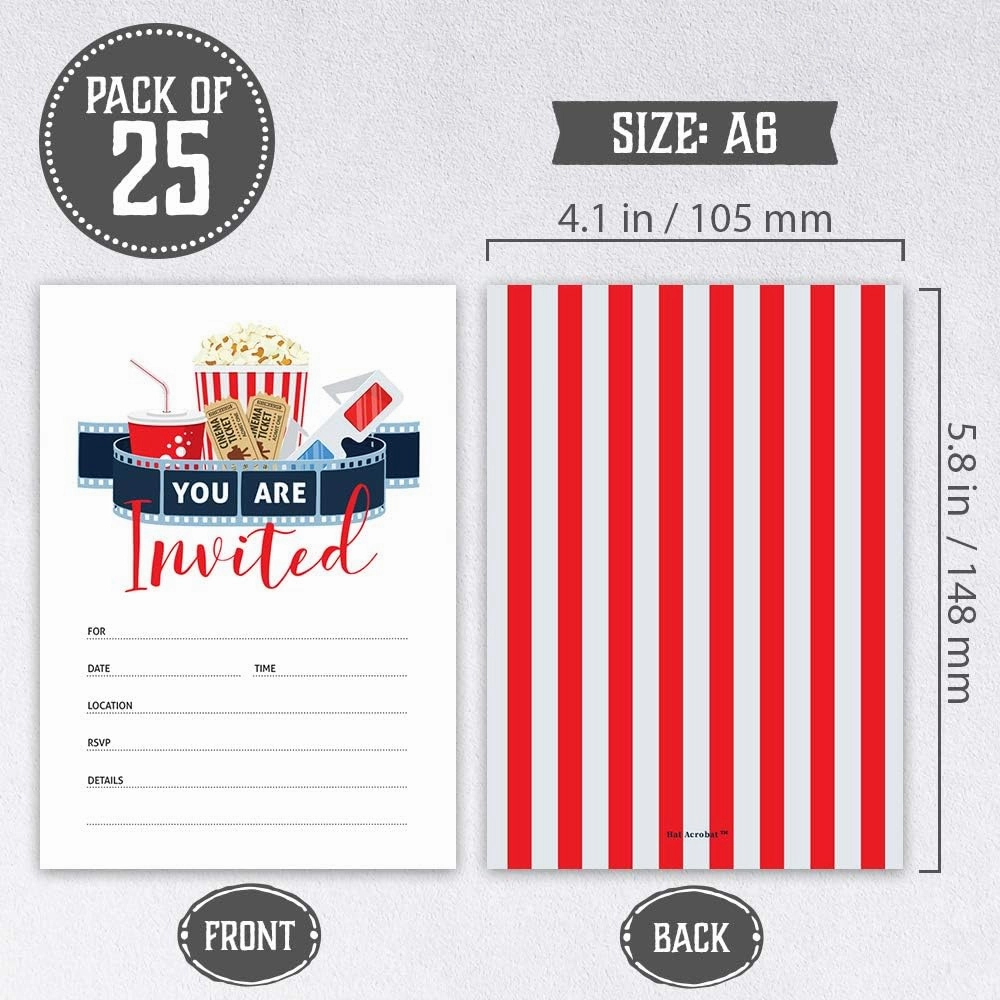 Hat Acrobat Movie Party Invitations with Envelopes Perfect for Movie Theme Party, Hollywood Party, Red Carpet Party, Movie Night, for Girls, Boys, Pack of 25 (Popcorn Bag)