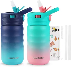 HAUSHOF Kids Water Bottle 2-Pack (12 oz) BPA-free with Straw and Stickers, Stainless Steel Vacuum Double Wall Insulated cup with Leak Proof for school, Gifts, Boys and Girls(Blue/Pink)