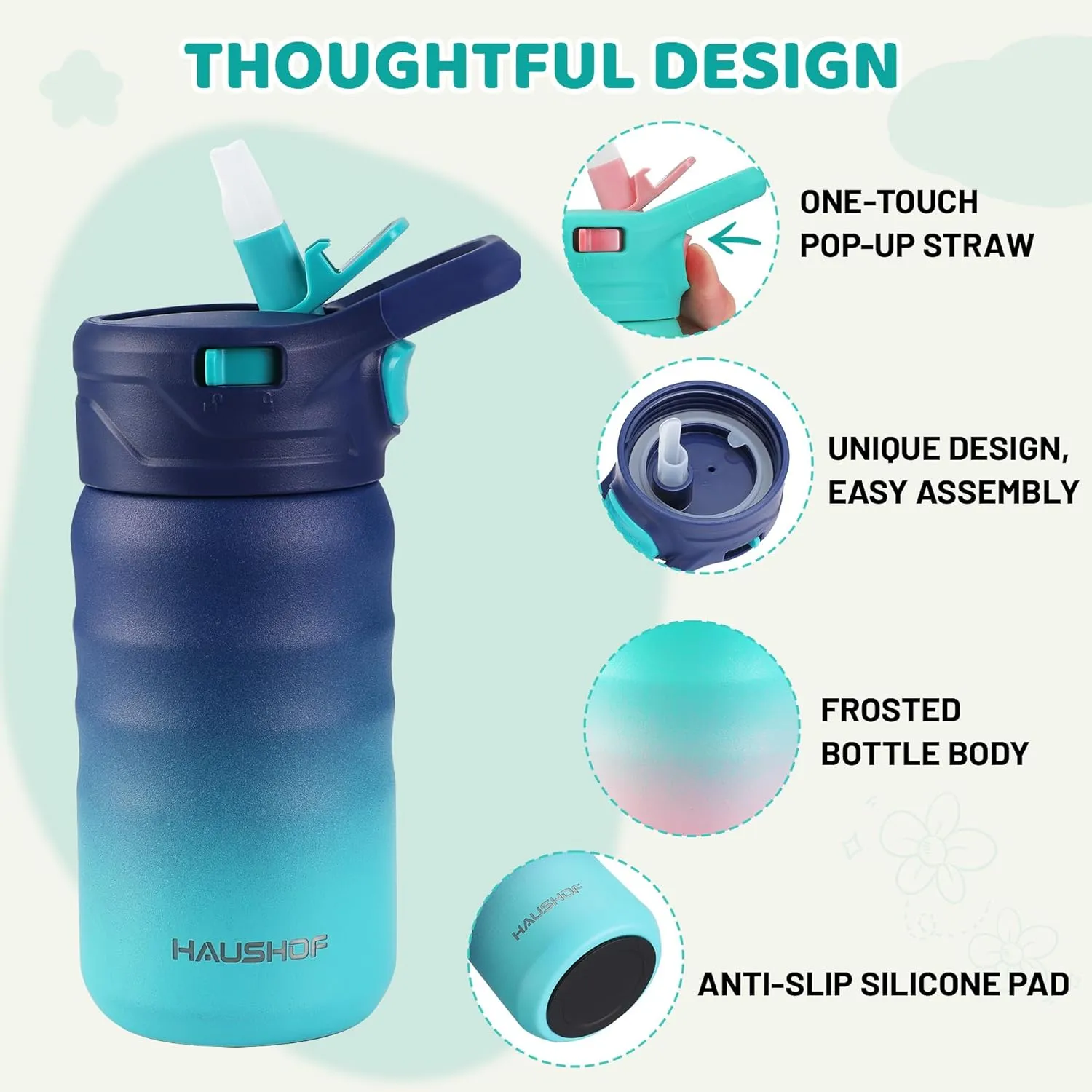 HAUSHOF Kids Water Bottle 2-Pack (12 oz) BPA-free with Straw and Stickers, Stainless Steel Vacuum Double Wall Insulated cup with Leak Proof for school, Gifts, Boys and Girls(Blue/Pink)