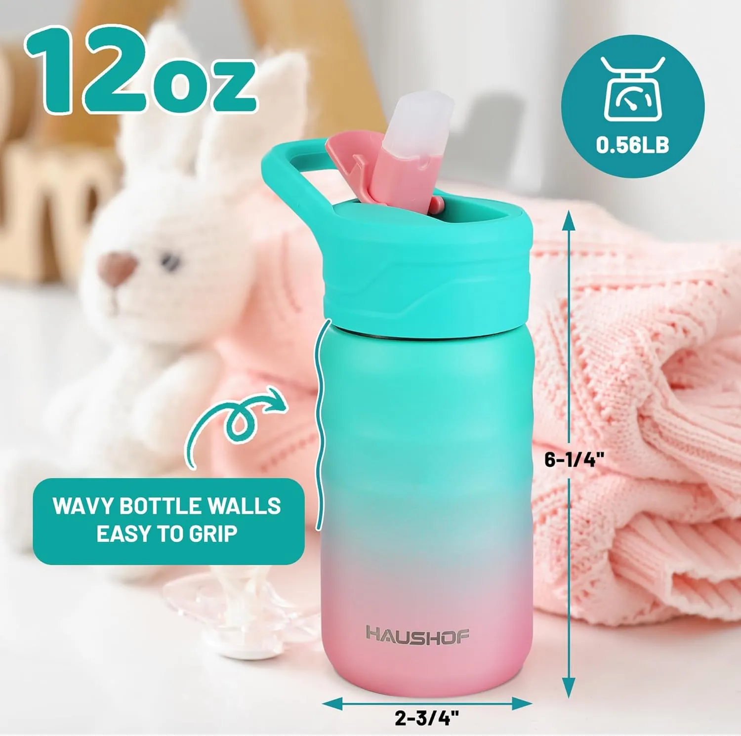 HAUSHOF Kids Water Bottle 2-Pack (12 oz) BPA-free with Straw and Stickers, Stainless Steel Vacuum Double Wall Insulated cup with Leak Proof for school, Gifts, Boys and Girls(Blue/Pink)