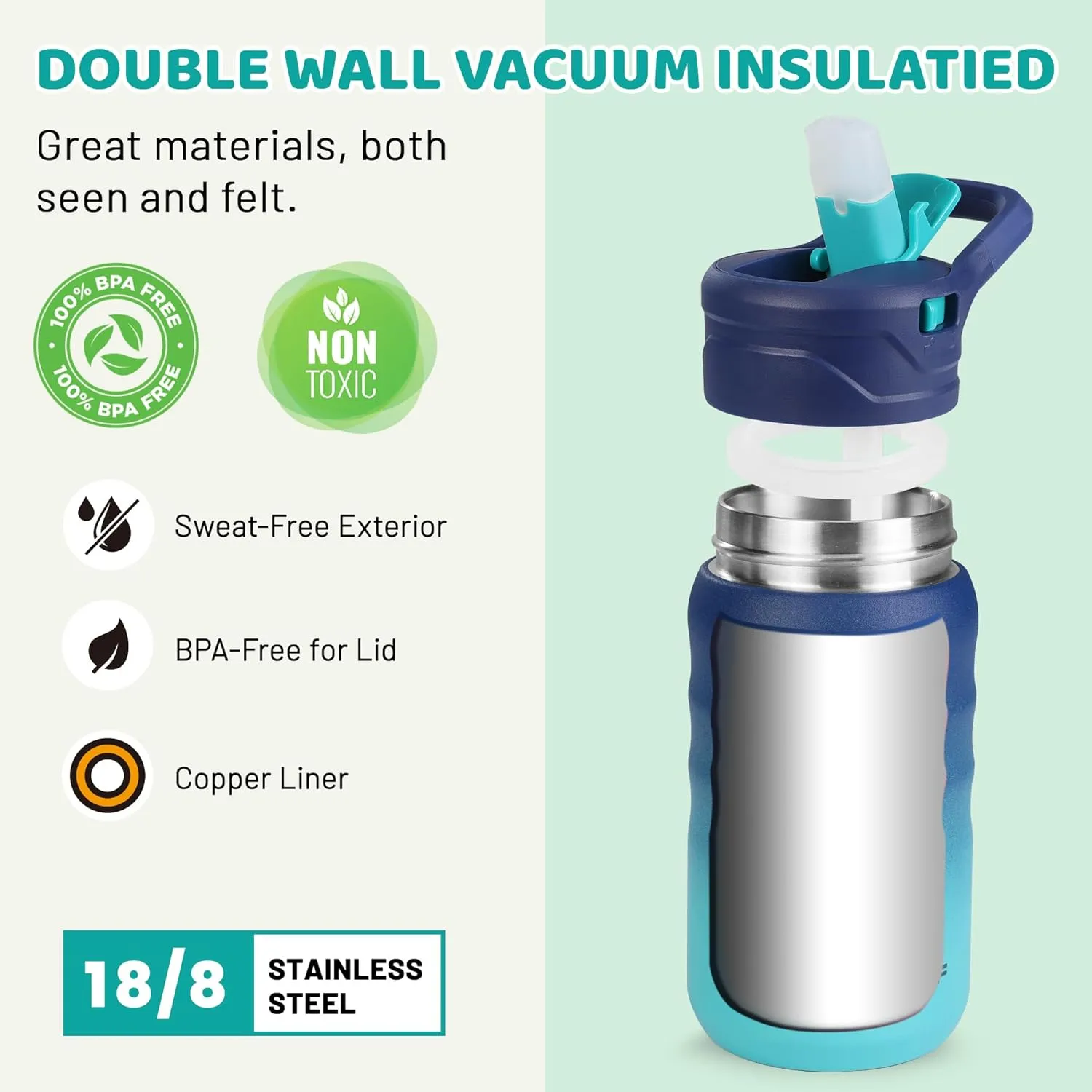 HAUSHOF Kids Water Bottle 2-Pack (12 oz) BPA-free with Straw and Stickers, Stainless Steel Vacuum Double Wall Insulated cup with Leak Proof for school, Gifts, Boys and Girls(Blue/Pink)