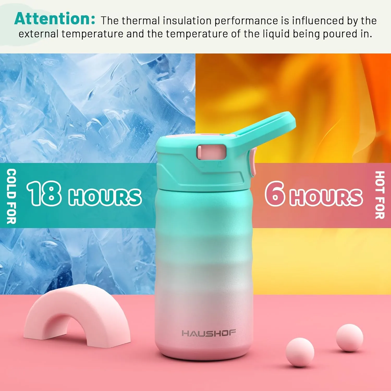 HAUSHOF Kids Water Bottle 2-Pack (12 oz) BPA-free with Straw and Stickers, Stainless Steel Vacuum Double Wall Insulated cup with Leak Proof for school, Gifts, Boys and Girls(Blue/Pink)