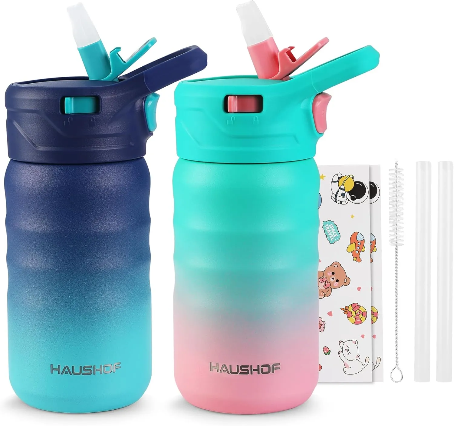 HAUSHOF Kids Water Bottle 2-Pack (12 oz) BPA-free with Straw and Stickers, Stainless Steel Vacuum Double Wall Insulated cup with Leak Proof for school, Gifts, Boys and Girls(Blue/Pink)