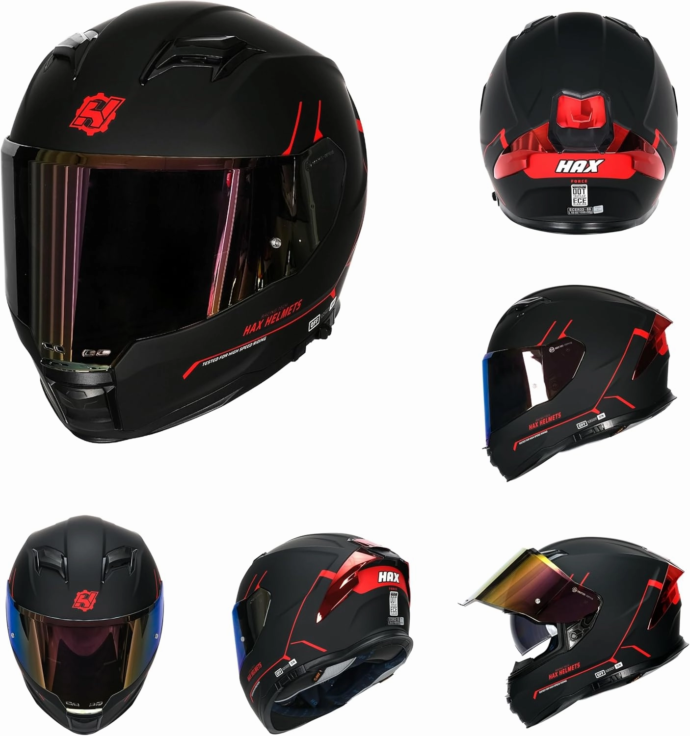 HAX Force Aerodynamic Full Face Helmet for Street & E-Bikes DOT & ECE Certified - Enhanced Dual Visor, Adult Size, Pinlock Ready Matte Black Red M