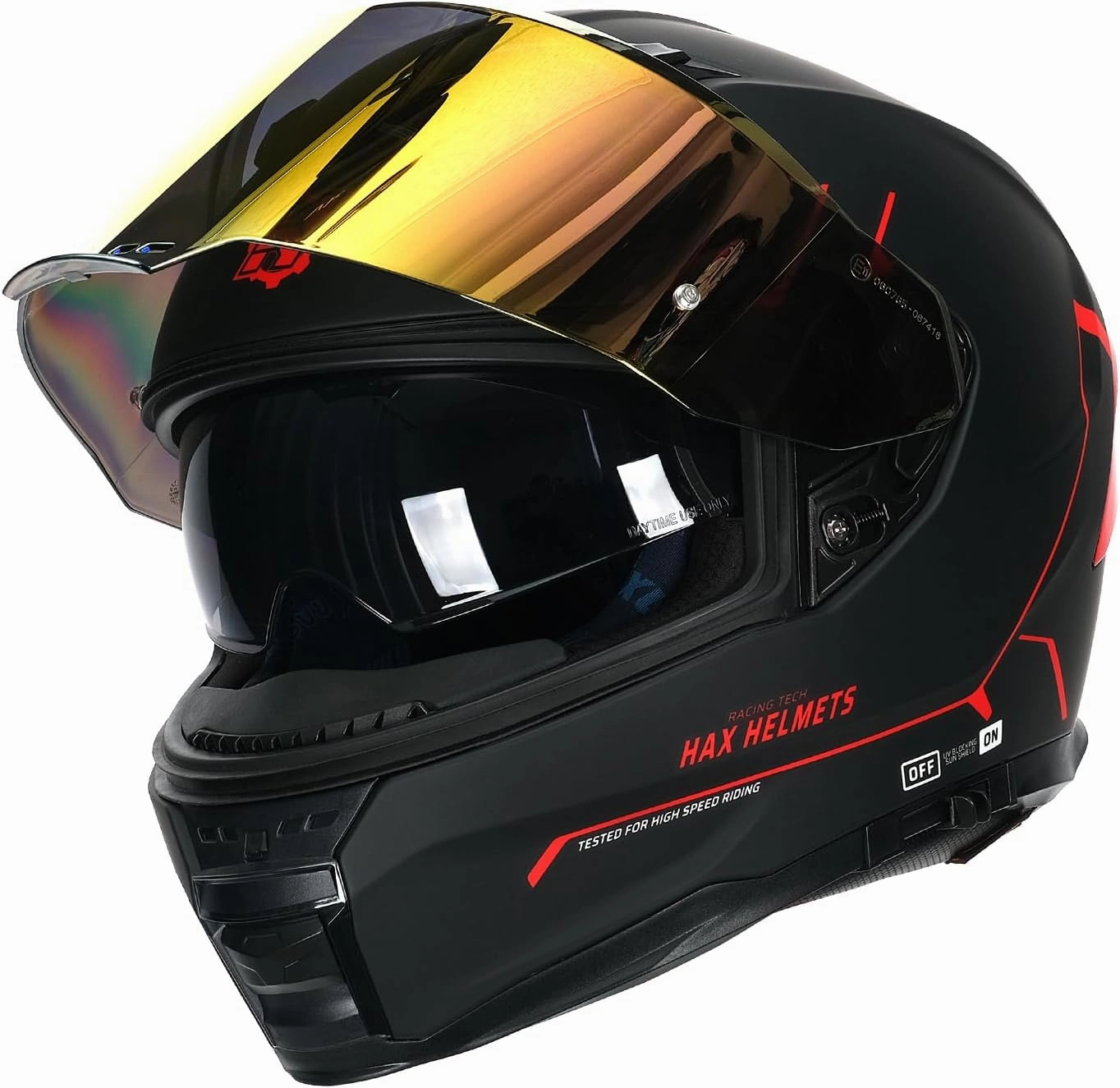 HAX Force Aerodynamic Full Face Helmet for Street & E-Bikes DOT & ECE Certified - Enhanced Dual Visor, Adult Size, Pinlock Ready Matte Black Red M