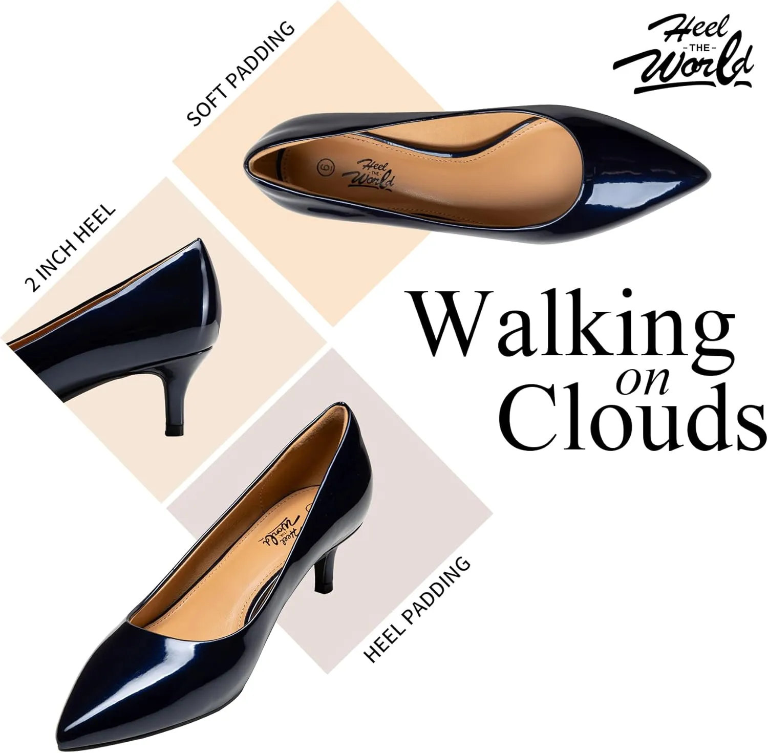 Heel The World Women's Pumps, Black Nude White Gold Brown Kitten Heels for Women 2 inch