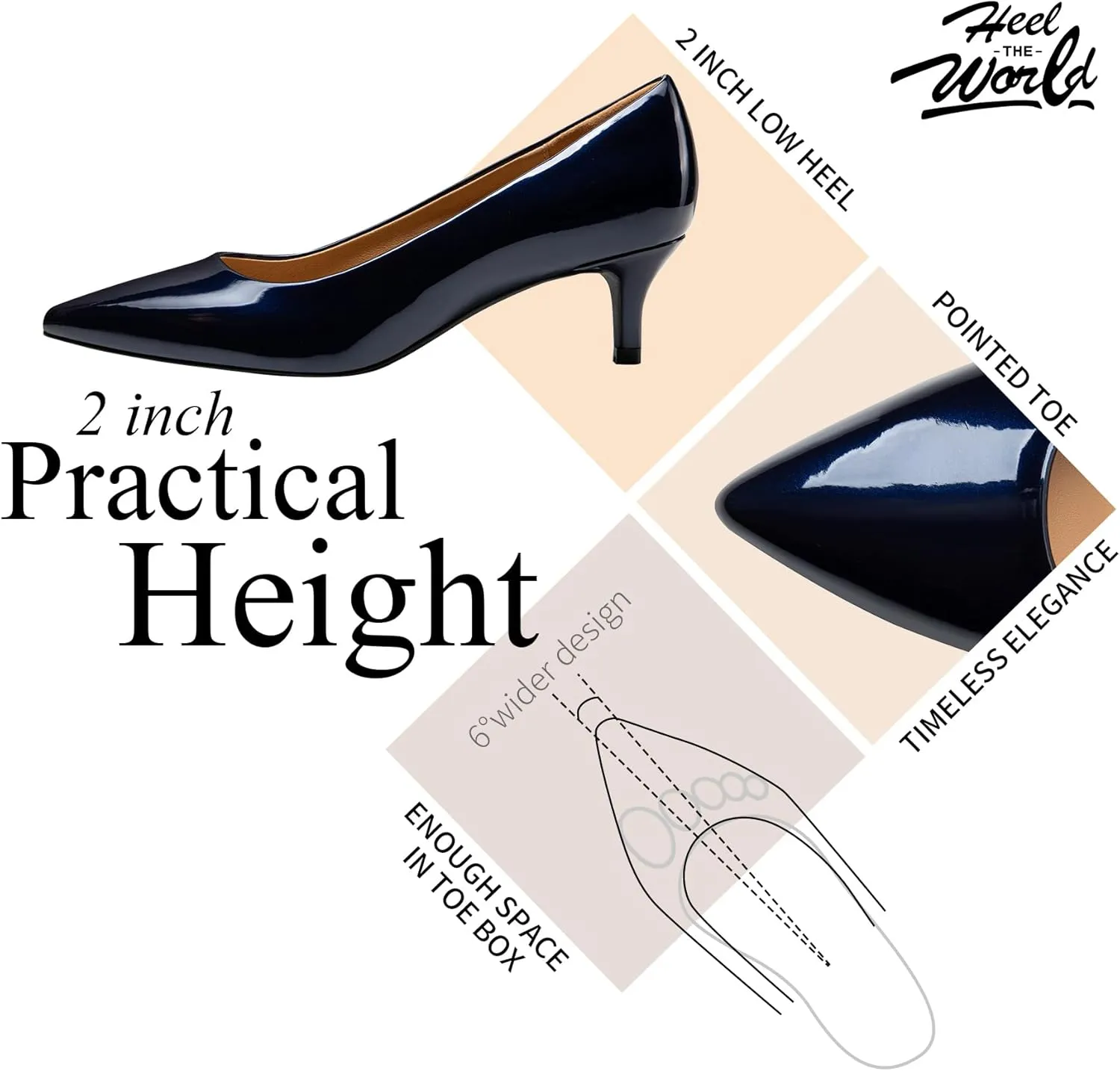 Heel The World Women's Pumps, Black Nude White Gold Brown Kitten Heels for Women 2 inch