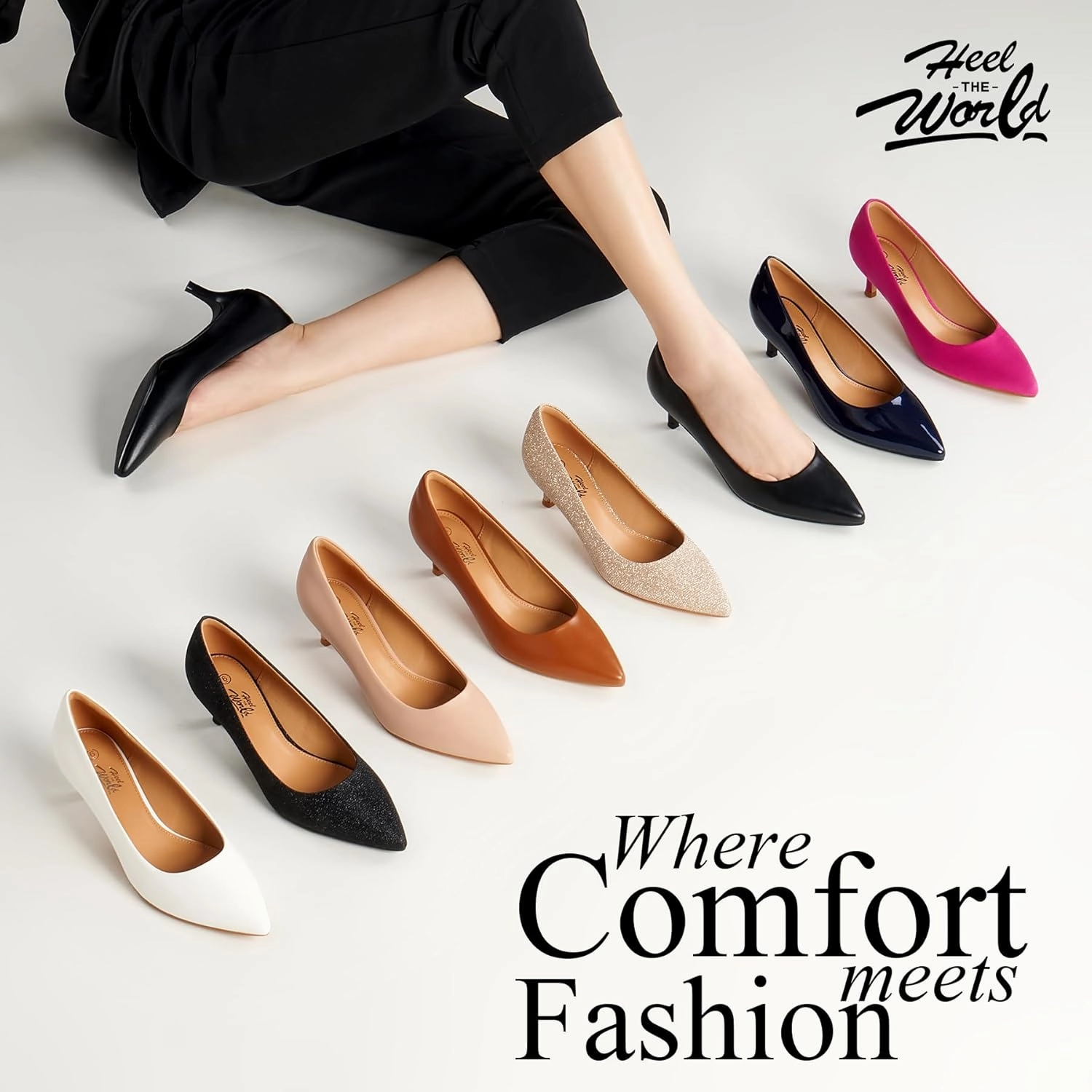 Heel The World Women's Pumps, Black Nude White Gold Brown Kitten Heels for Women 2 inch