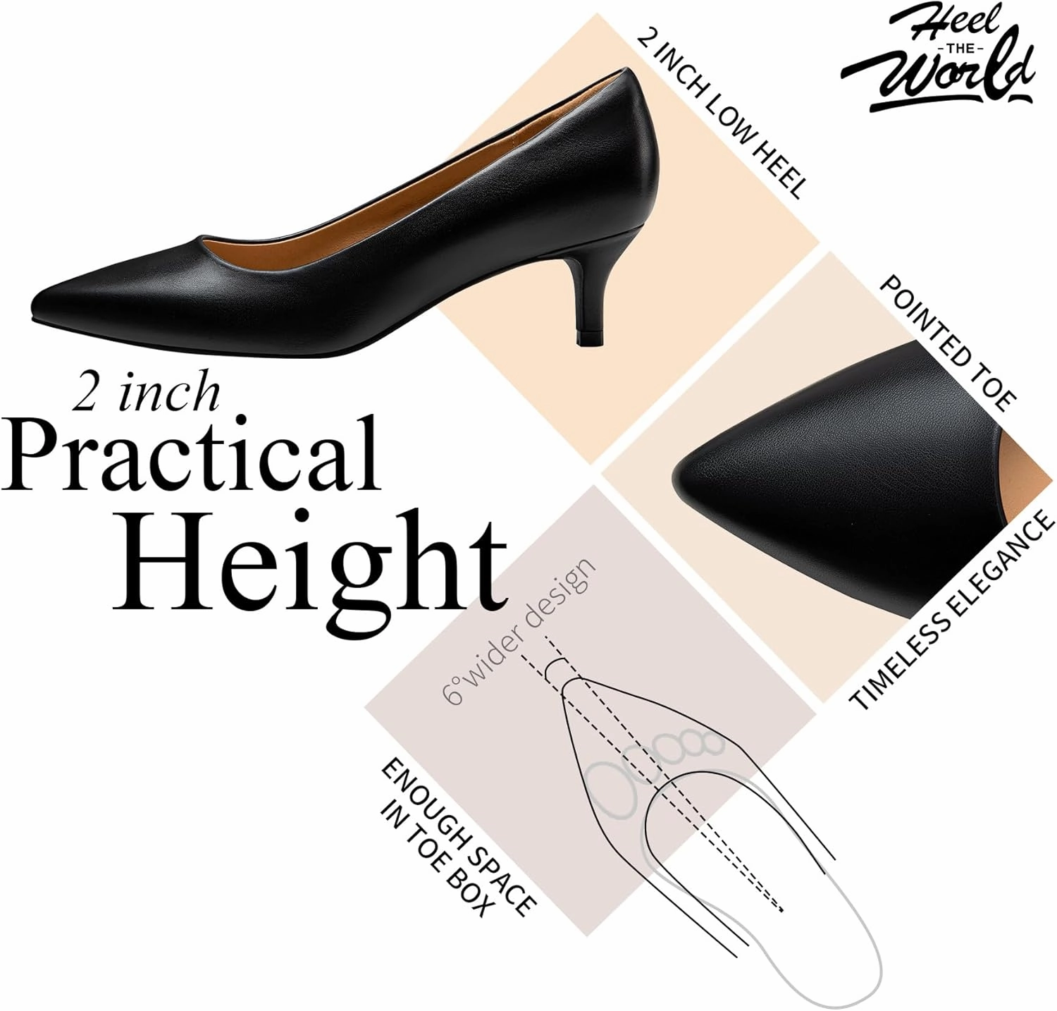 Heel The World Women's Pumps, Black Nude White Gold Brown Kitten Heels for Women 2 inch