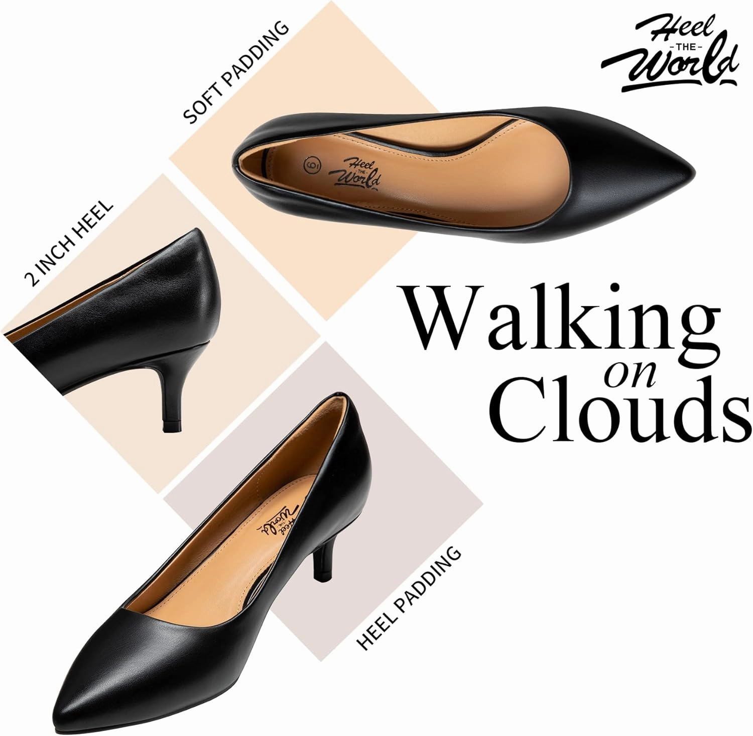 Heel The World Women's Pumps, Black Nude White Gold Brown Kitten Heels for Women 2 inch