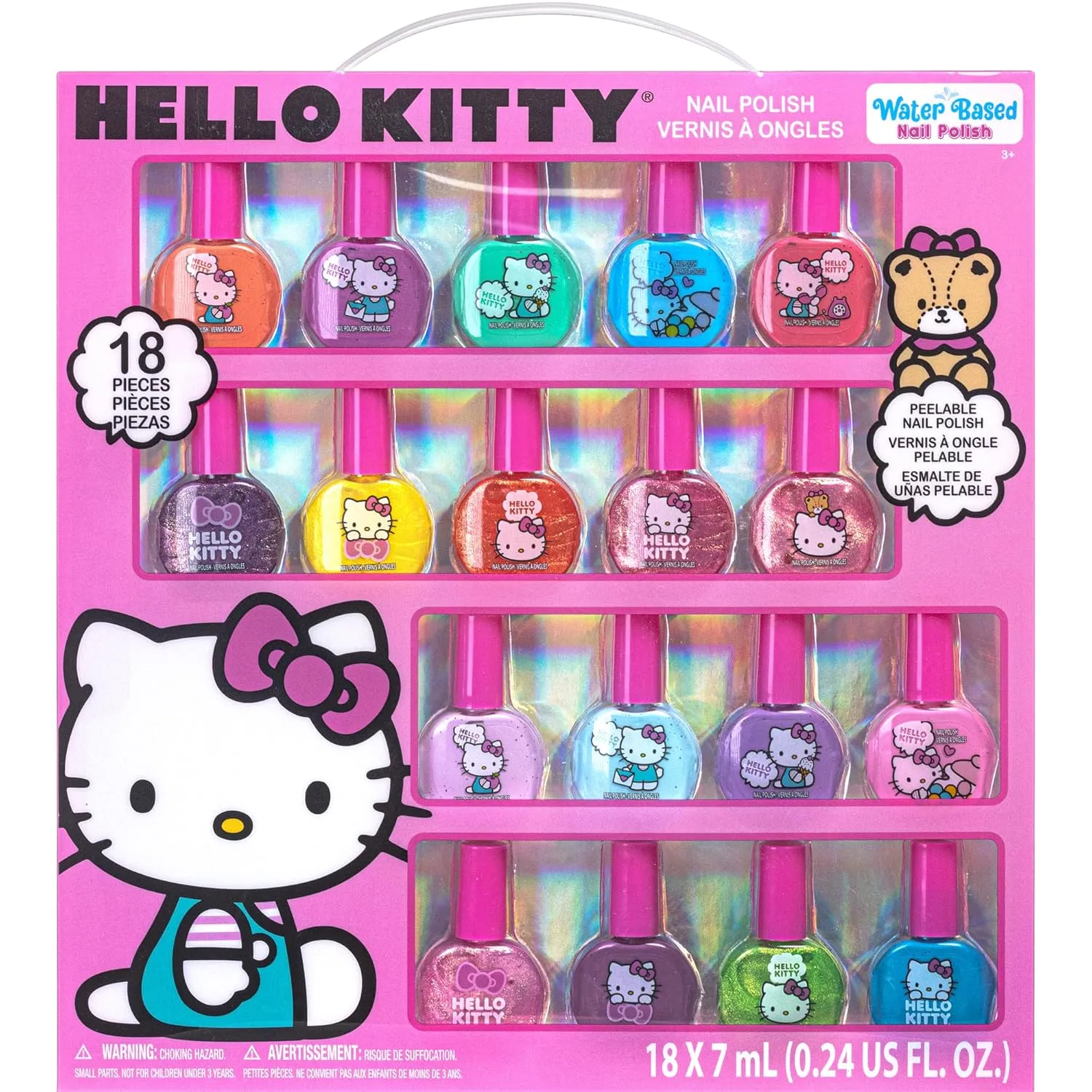 Hello Kitty Non-Toxic Water-Based Peel-Off Nail Polish Set with Glittery, Shimmery & Opaque Colors for Girl Kids Ages 3 , Perfect for Parties, Sleepovers & Makeovers, 18 Pcs