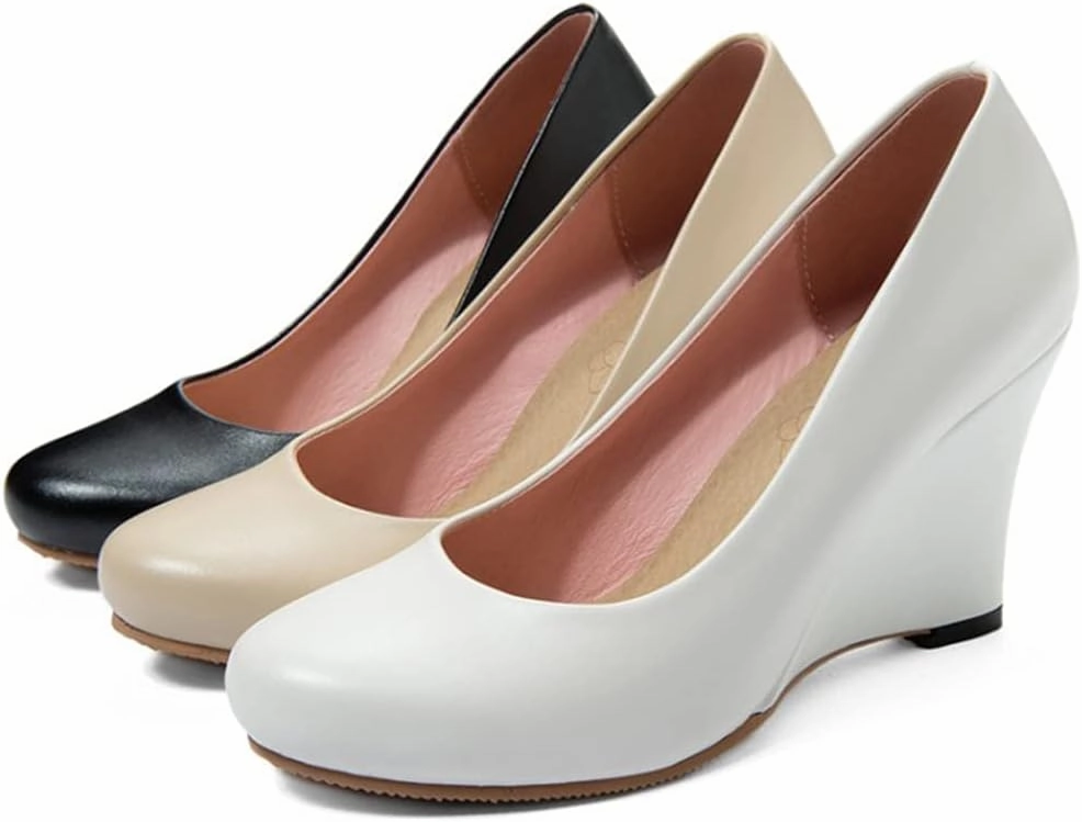 Hello Shero Heeled Wedges for Women Almond Round Toe High Heel Pumps Classic Slip-on Suede Leather Dress Shoes