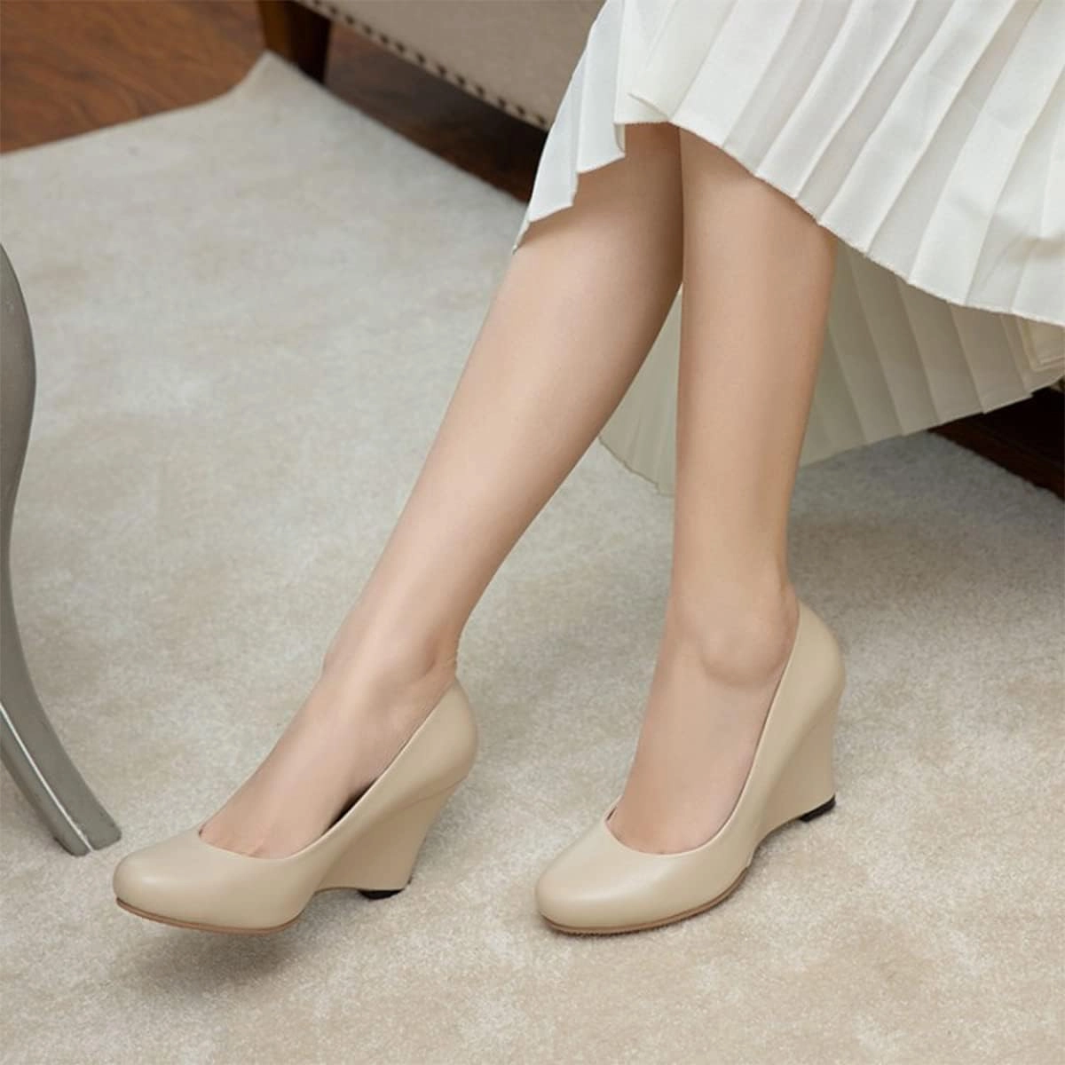 Hello Shero Heeled Wedges for Women Almond Round Toe High Heel Pumps Classic Slip-on Suede Leather Dress Shoes