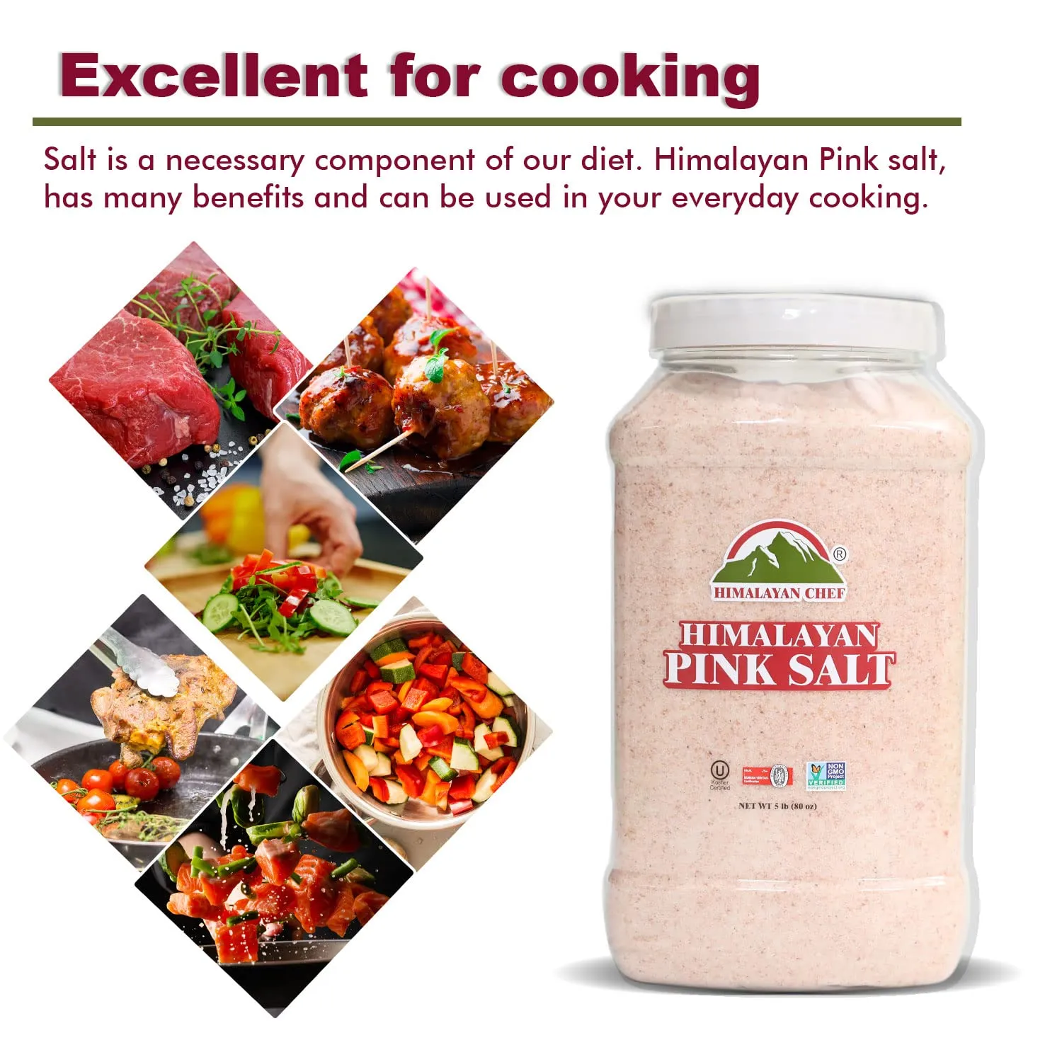 Himalayan Chef Himalayan Pink Salt - 5 lbs Fine Grain Plastic Jar - 100% Natural and Pure Gourmet Crystal - Contains 84 Essential Minerals | Kosher and Vegan Certified