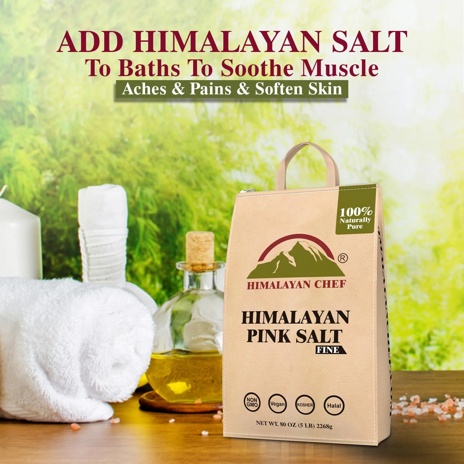 Himalayan Chef Pink Himalayan Salt, 5 lbs Bag, Fine Grain, Unrefined and Unprocessed Natural Rock Salt, Vegan & Kosher Certified, Non-GMO, Cruelty-free