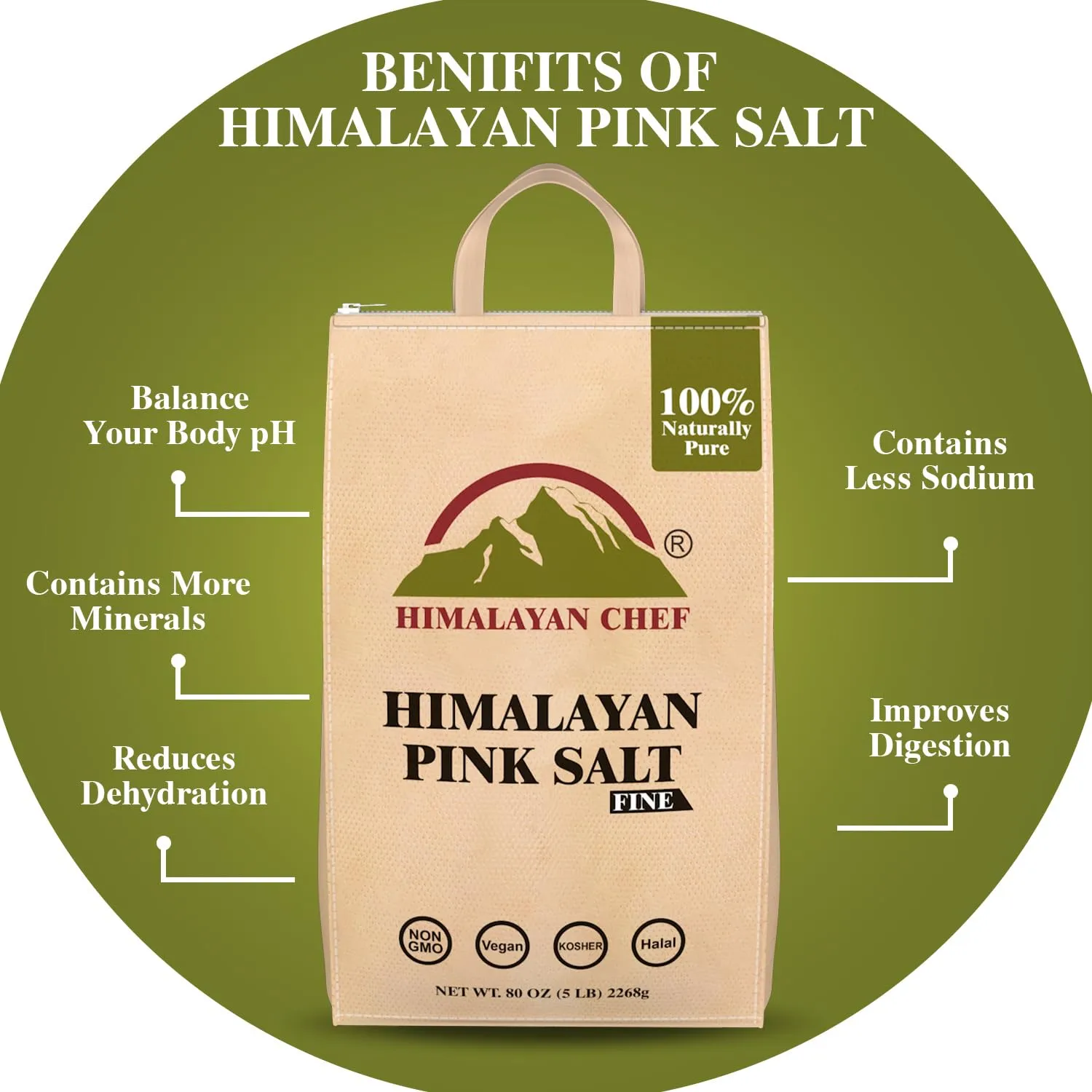 Himalayan Chef Pink Himalayan Salt, 5 lbs Bag, Fine Grain, Unrefined and Unprocessed Natural Rock Salt, Vegan & Kosher Certified, Non-GMO, Cruelty-free