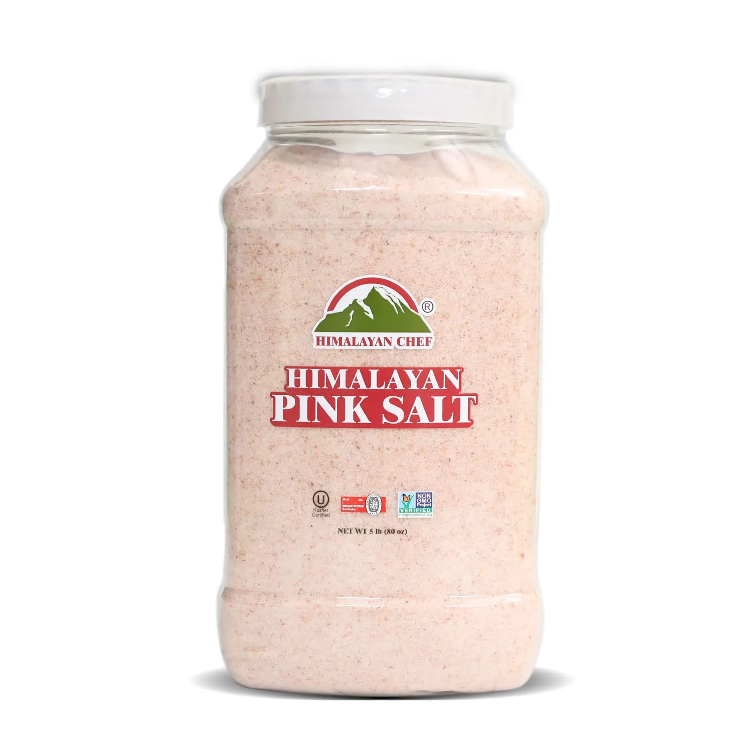 Himalayan Chef Pink Himalayan Salt, Fine Grain, Kosher, Non-GMO Certified & Gluten-Free, All Natural, Unrefined Mineral Salt – 5 Lbs Plastic Jar, Pack of 1