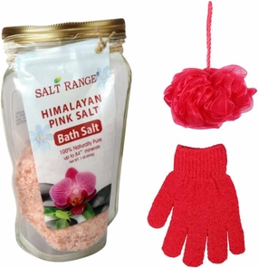 Himalayan Pink Bath Salt Bundle: Bath Salt, Rose Infused Exfoliating Bath Glove, Bath Sponge in Gift Bag (Pink Hearts)
